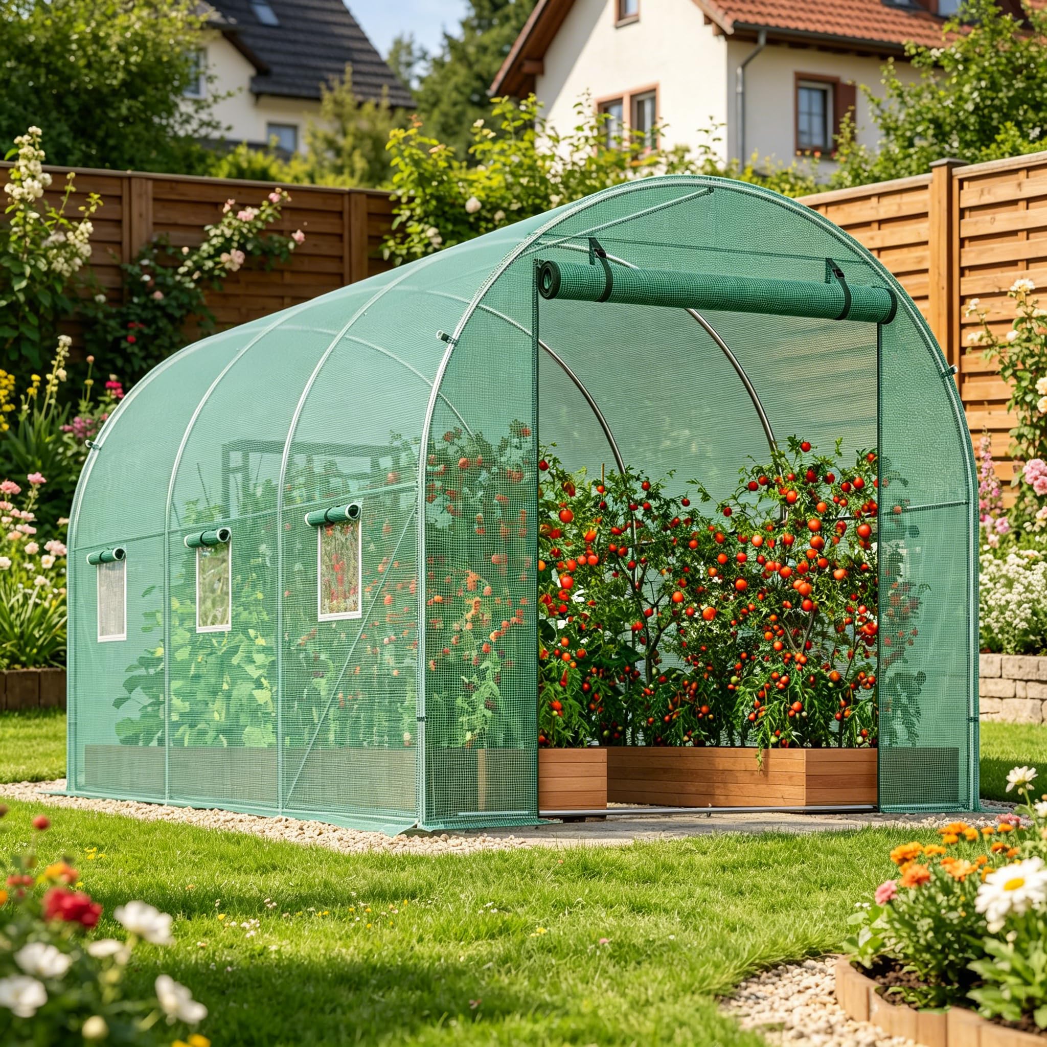 Invernadero de Túnel 300x200x200 cm Invernadero de Jardín con 6 Ventanas Cubierta PE 140g/m² Estructura de Acero Galvanizado para Cultivos Plantas Flores Verde