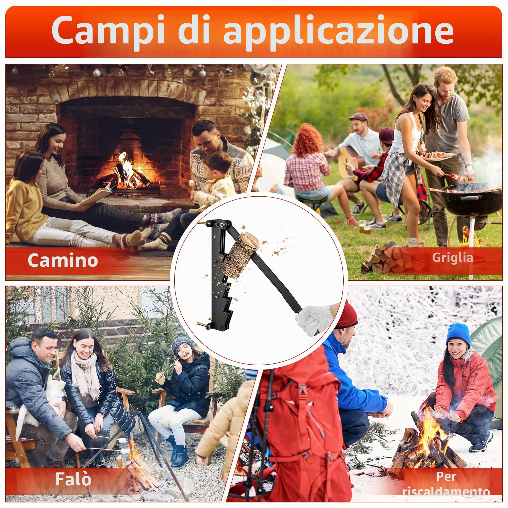 UISEBRT Spaccalegna manuale in acciaio al carbonio, accendino per legno da parete, coltello a tagliola, spaccalegna con guanti antiscivolo e borsa per legna in feltro, per uso interno ed esterno