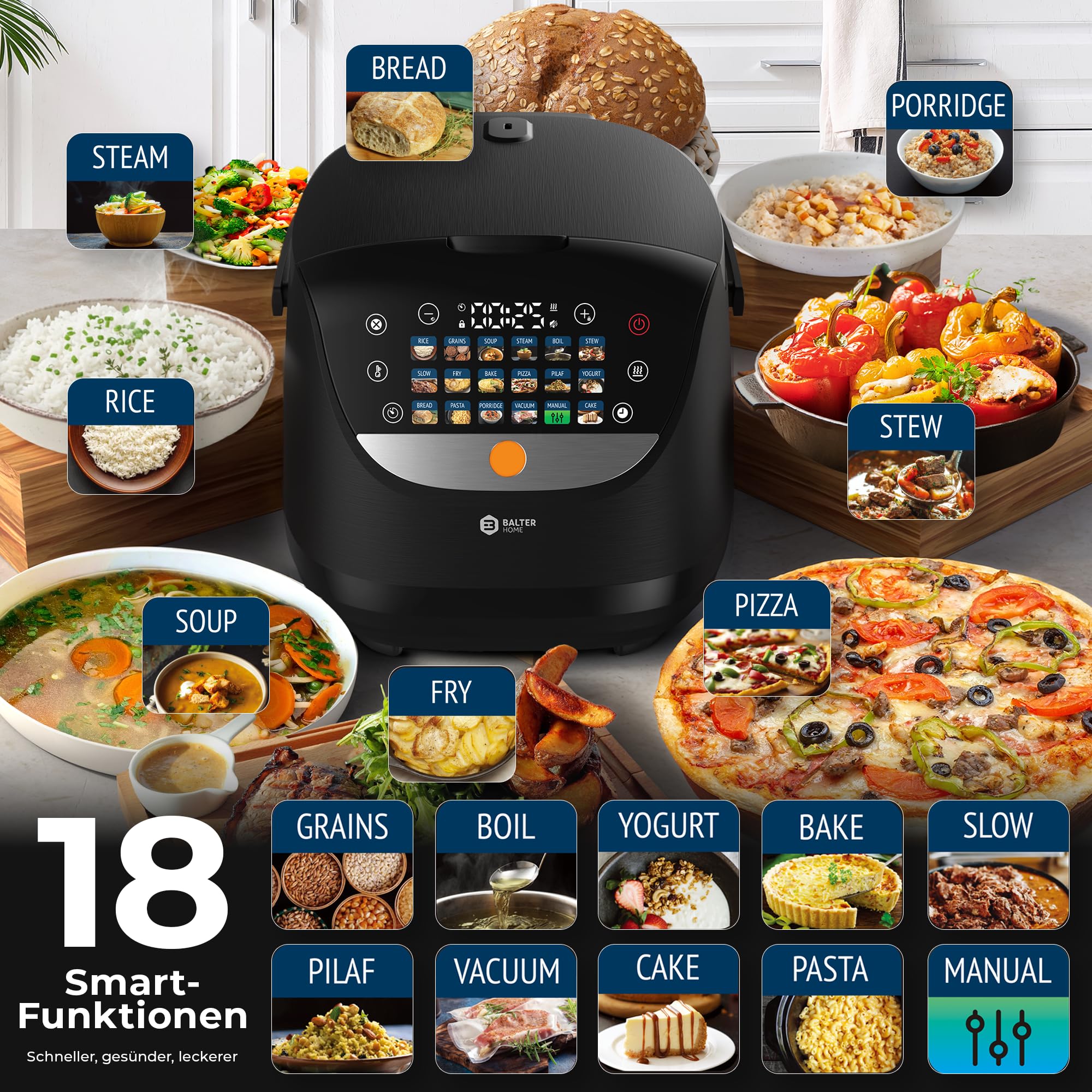 Balter Reiskocher, Multikocher mit 18 Programme, 4L Rice Cooker, Multicooker, Fuzzy-Logic, Dampfgarer & Slow Cooker, Warmhaltefunktion & Timer, inkl. Premium Topf, Zubehör & Rezeptbuch, klein