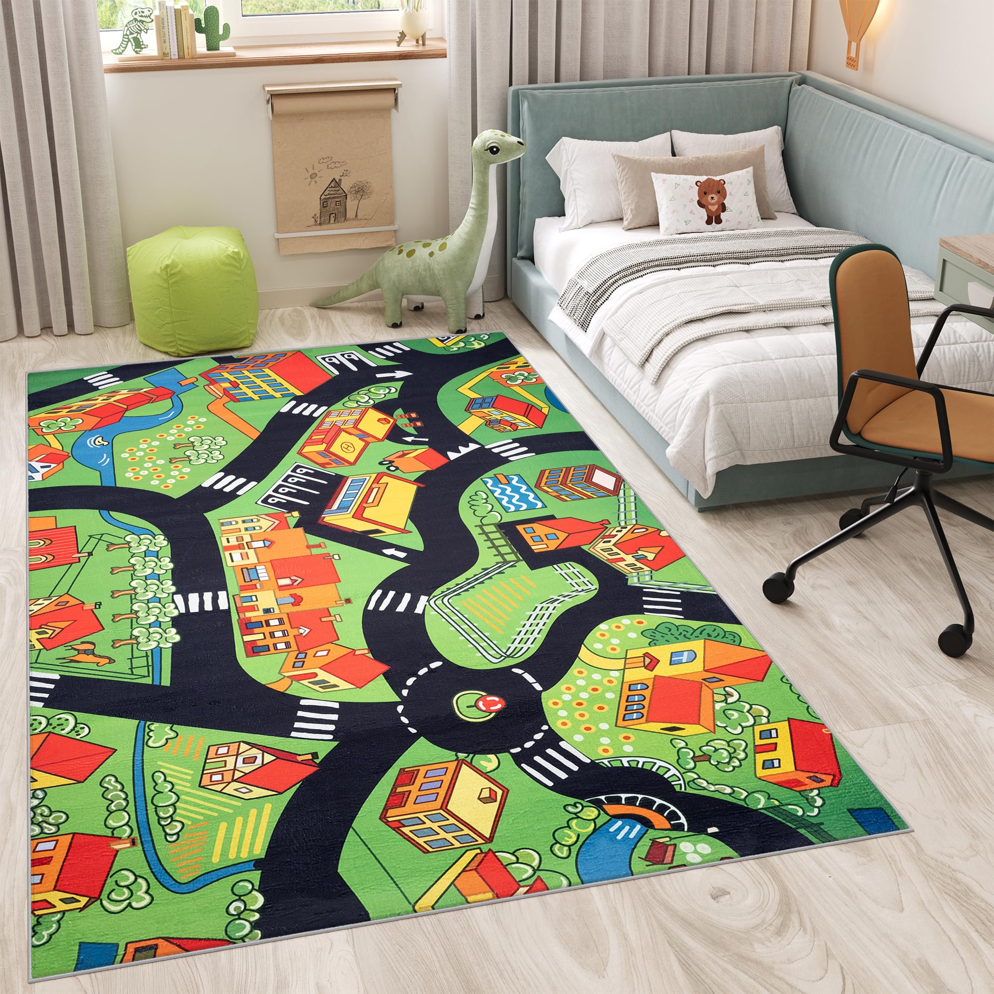TAPISO Flannel Tapis Chambre Enfant Bébé Fille Garçon Antidérapant Lavable Vert Noir Rouge Tapis de Jeux Voiture Circuit Route Ville Poils Ras Oeko-TEX Résistant 120 x 170 cm