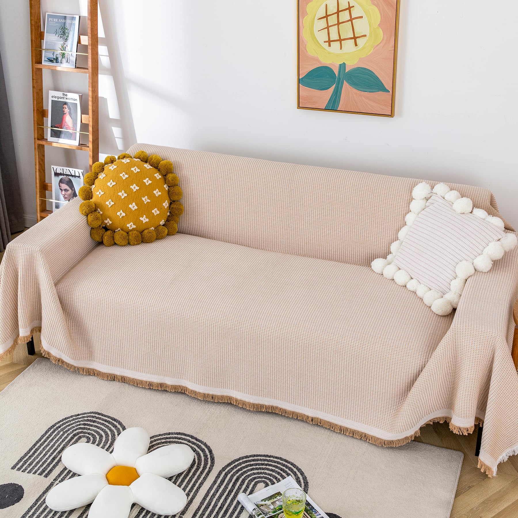 VANJOROY Sofa Large Throw Blanket with Tassels For 3 4 Seater-Extra Large Throws for Settees, 100% Handwoven Cotton Throw for Couch, Armchair and Bed,180×340cm Khaki
