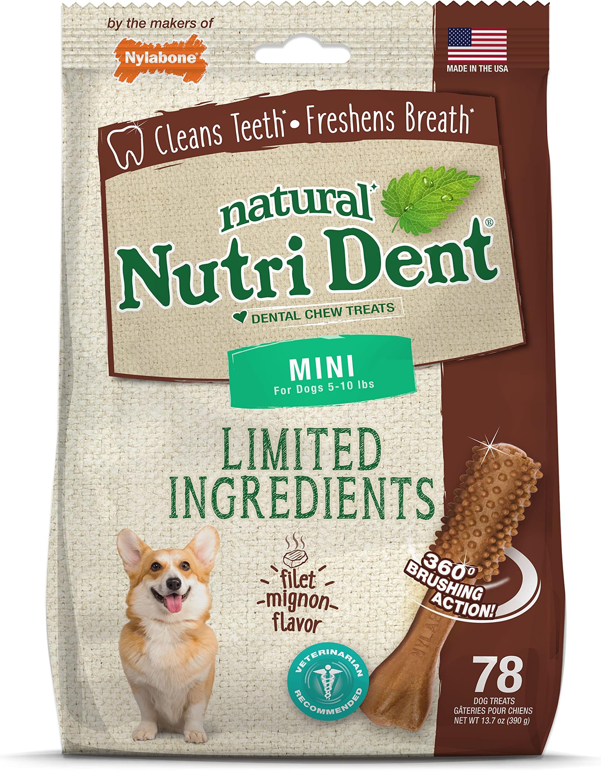 Nutri Dent Dog Dental Treats - Natural Dog Teeth Cleaning & Breath Freshener - Dental Treats for Dogs - Filet Mignon Flavor, Mini (78 Count)