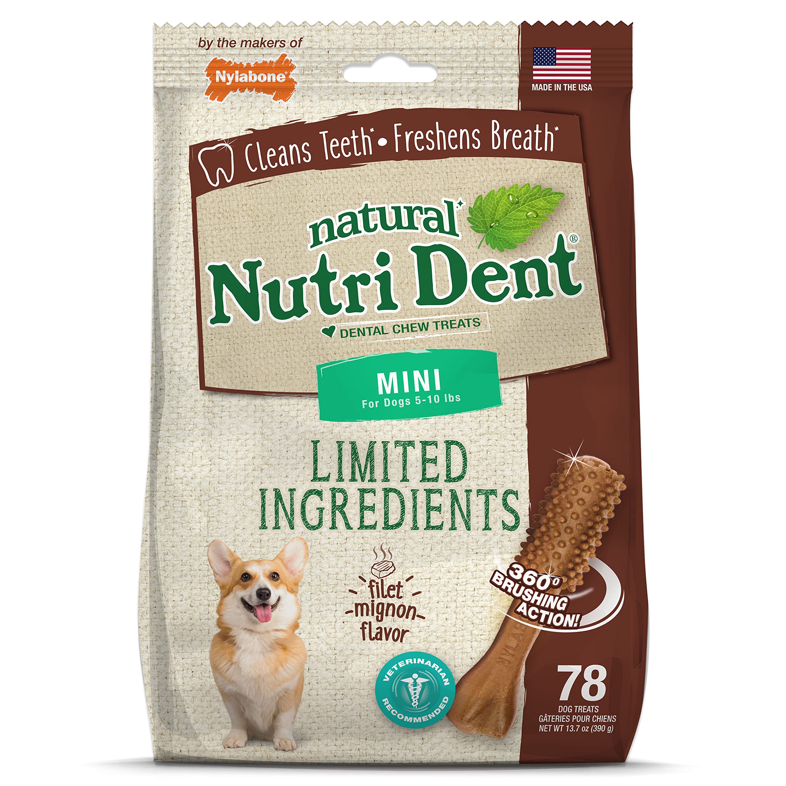 NylaboneNutri Dent Dog Dental Treats - Natural Dog Teeth Cleaning & Breath Freshener - Dental Treats for Dogs - Filet Mignon Flavor, Mini (78 Count)