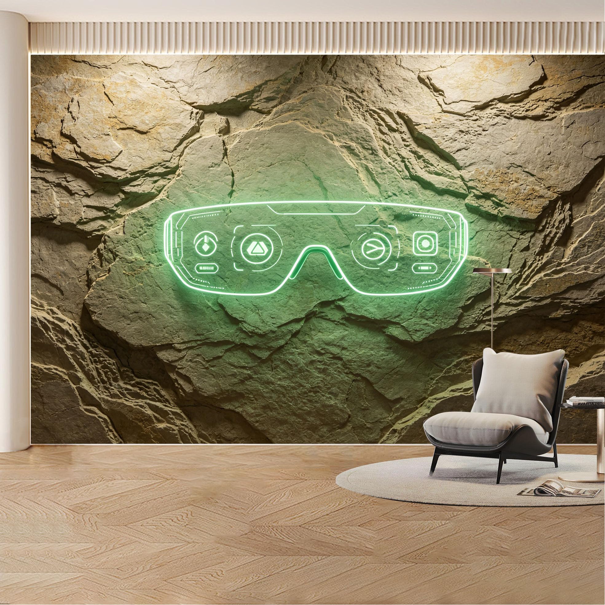 Custom Wall Mural Wallpaper Neon Glasses on Stone Wall Landscape Modern 3D Effect Wall Decor Futuristic Industrial Style Removable SelfAdhesive Large Photo for Living Room， Bedroom， Office