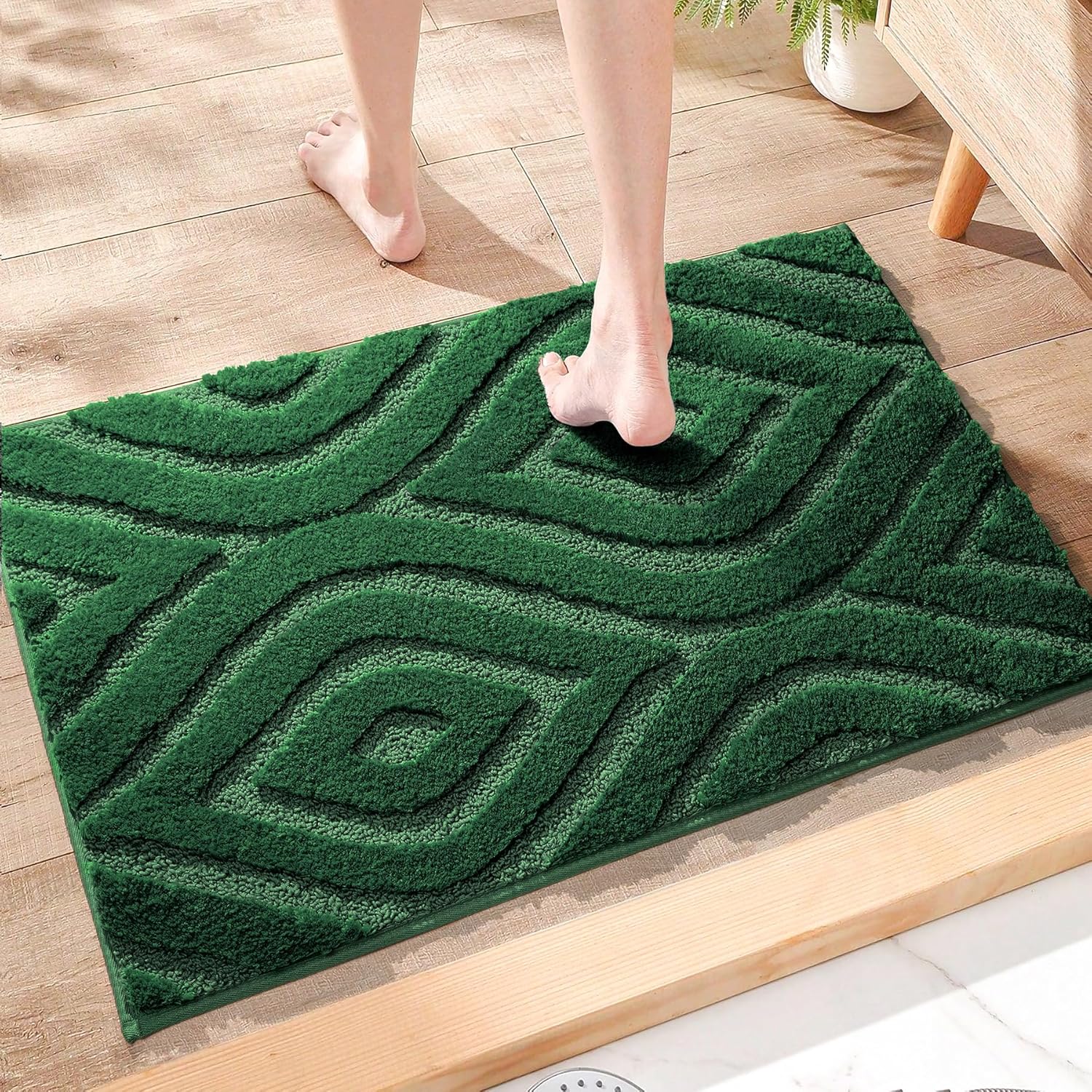 DEXDE Green Bathroom Rugs Boho Bath Mat Non Slip Geometric