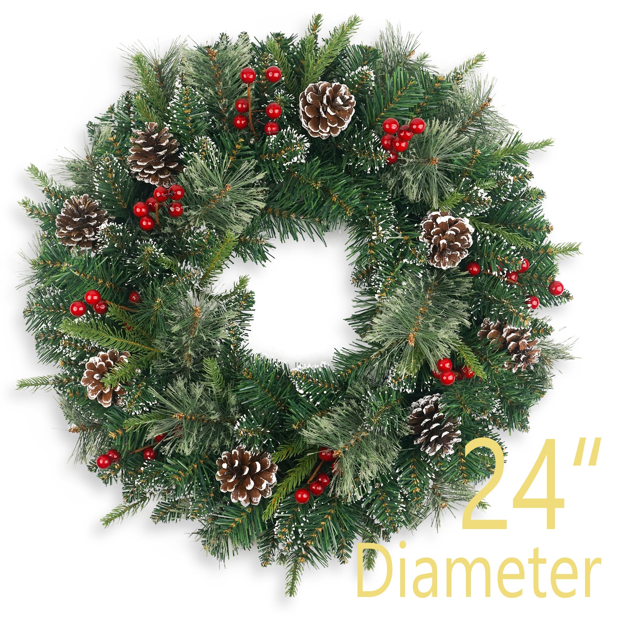 Corona de Navidad Nevada preiluminada de 24 Pulgadas con 50 Luces y Cono de Pino, Coronas de Navidad Artificiales para Puerta Delantera con Luces, Corona para decoración de Navidad, Puerta, Ventanas,