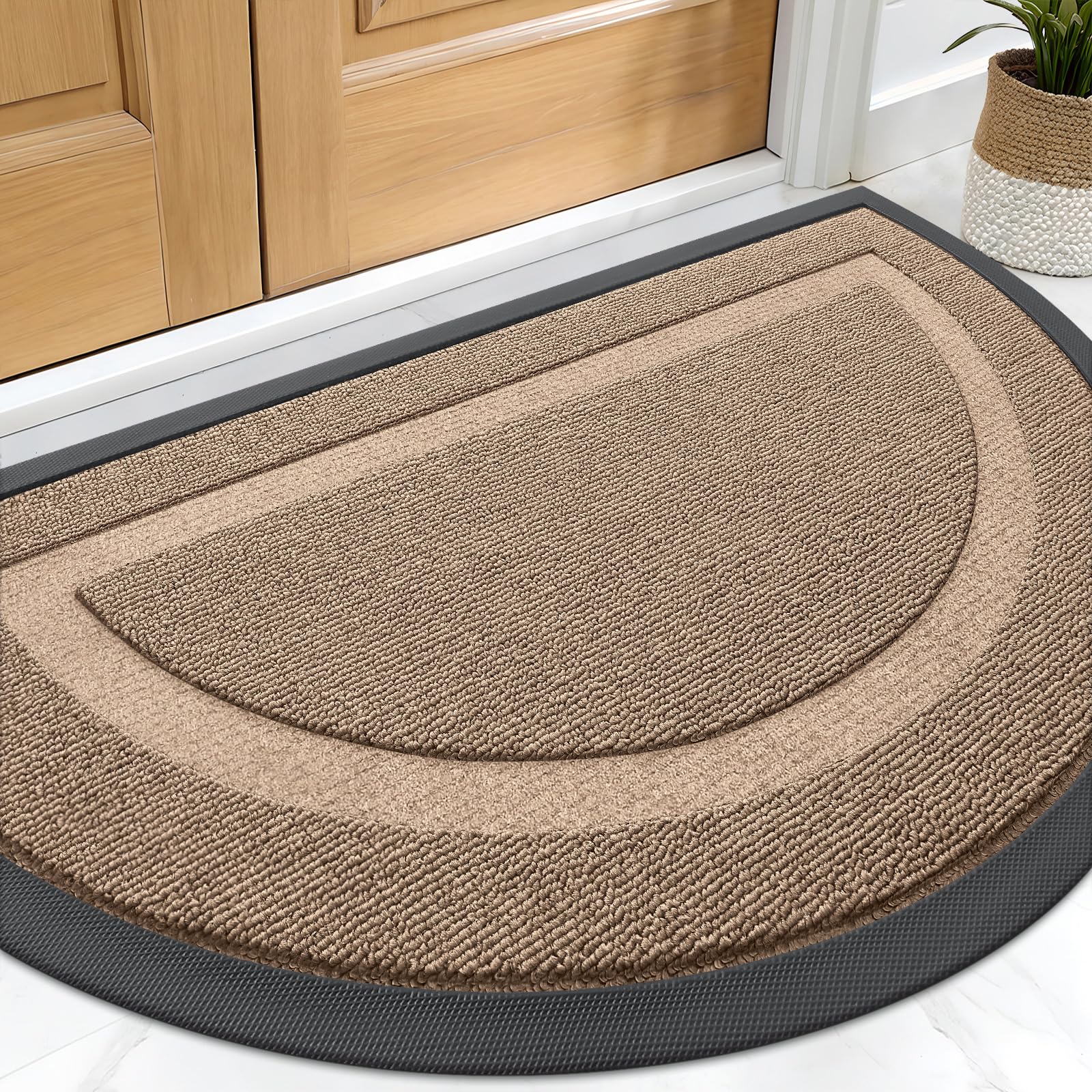 OLANLY Half Circle Front Door Mat Outside 33x21 All-Season Rubber Doormat | Mocha, Absorbent, Heavy-Duty, Stain and Fade Resistant, Waterproof Non-Slip Backing, Low-Profile Indoor Outdoor Entryway Mat
