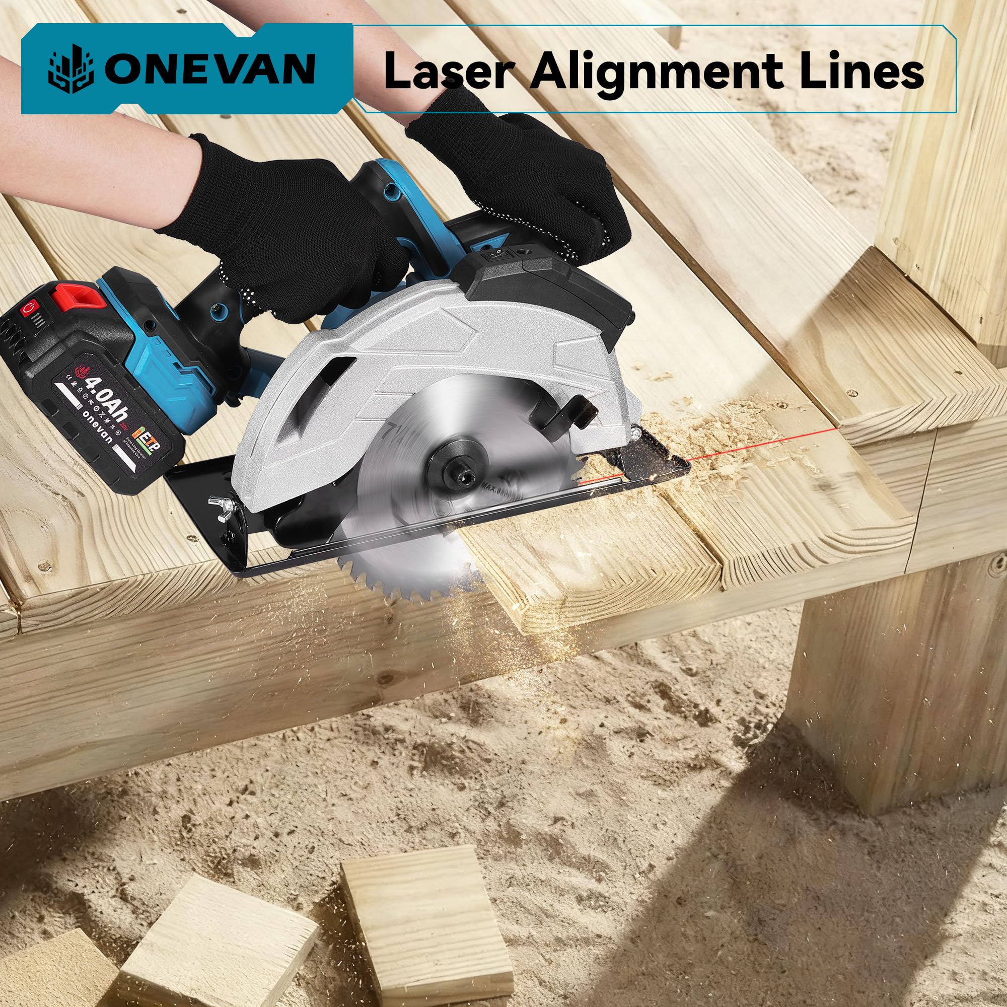 ONEVAN Akku Kreissäge mit Laser, 1200W Bürstenlos Akku Handkreissäge, Tauchkreissäge Schnitttiefe 60mm, 0-45° Schrägschnitt, 4000 U/min, 2x4.0Ah Akkus, für Holz, Metallarbeiten (Blau)