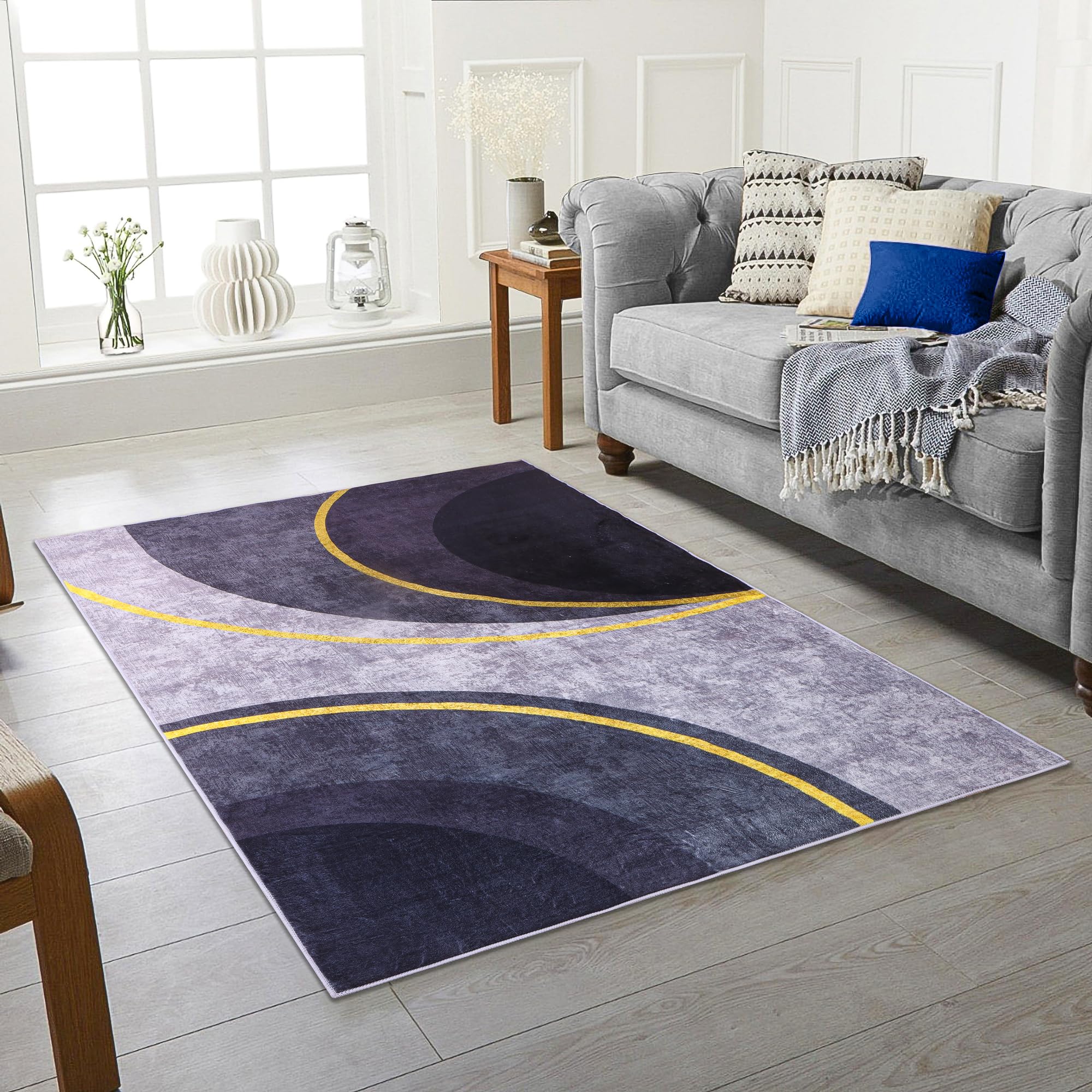 Modern Washable Rugs for Living Room - Classic Soft Faux Short Pile Area Rugs for Bedroom Dining Room Modern Carpet for Office Non Slip Non Shedding Large Black grey Rug (MILAS, 120 X 160 CM)