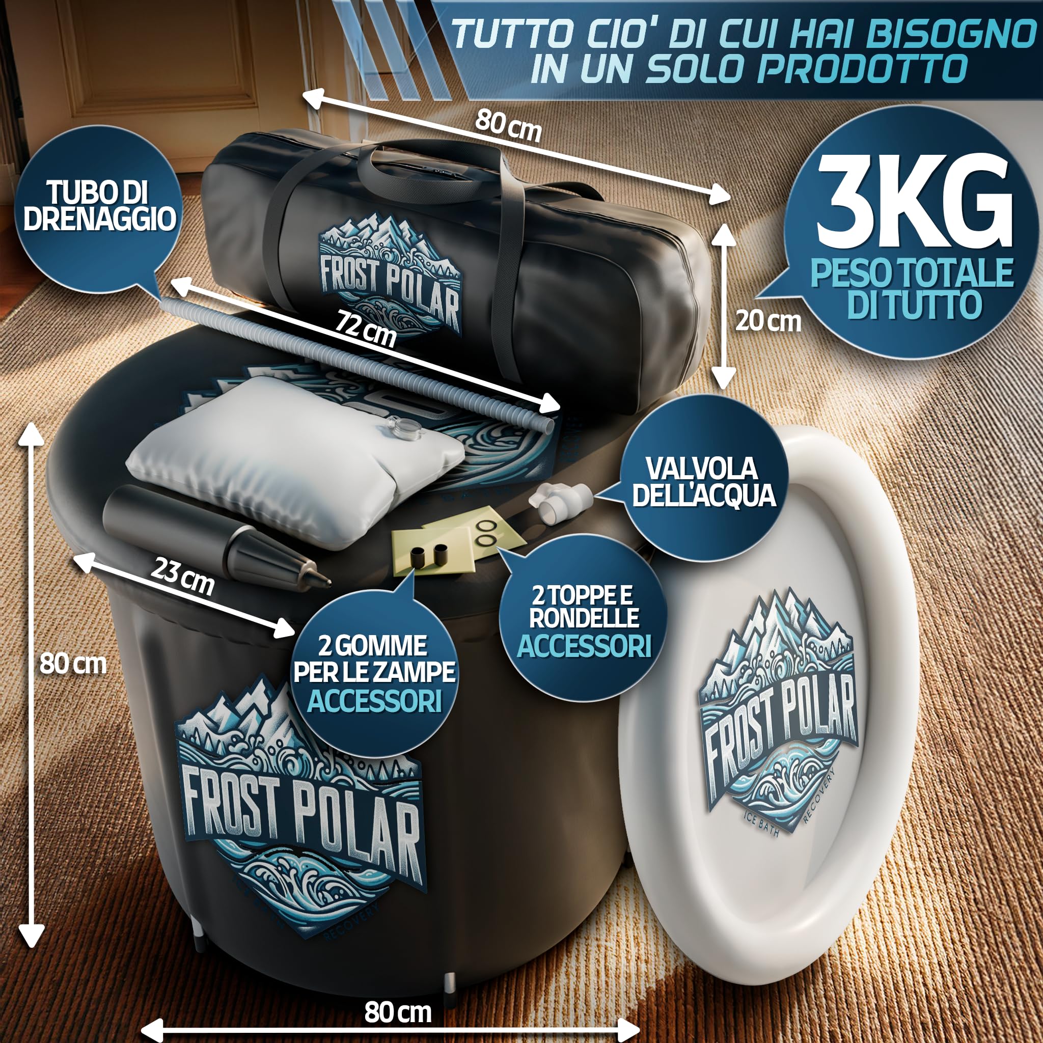 FROST POLAR - Ice Bath recupero 350 Litri - Vasca Ghiaccio Crioterapia 80 cm x 85 cm Staffe in Lega di Alluminio - Vasca Crioterapia, Include Cuscino, Borsa Impermeabile e Ricariche.