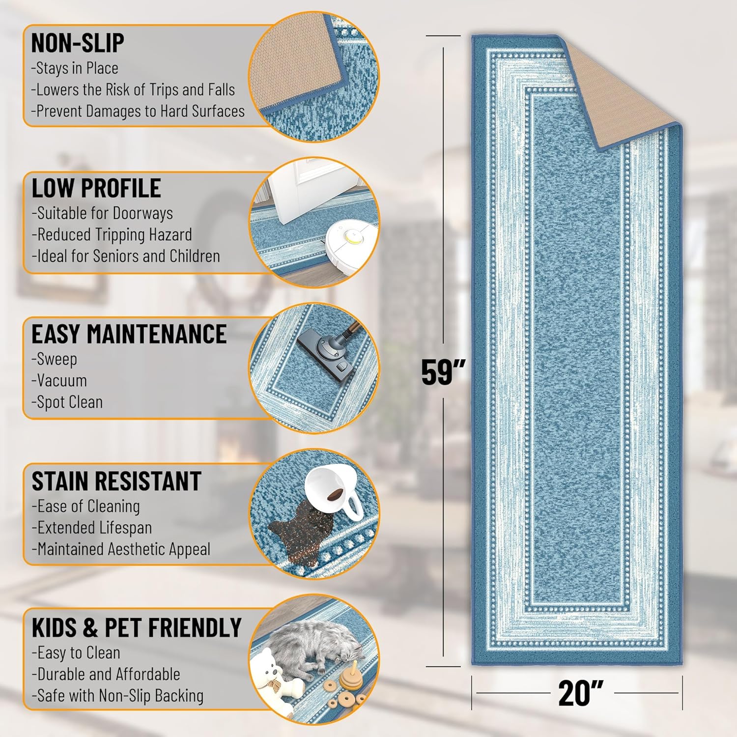 Ottomanson Kitchen Runner Rug 20" x 59" – Non Slip Rubber Backed Kitchen Rug Runner for Sink Area, Laundry Room, Entryway, Low Pile Indoor Floor Runner, Border Blue Border Blue 1'8" x 4'11" (Runner)