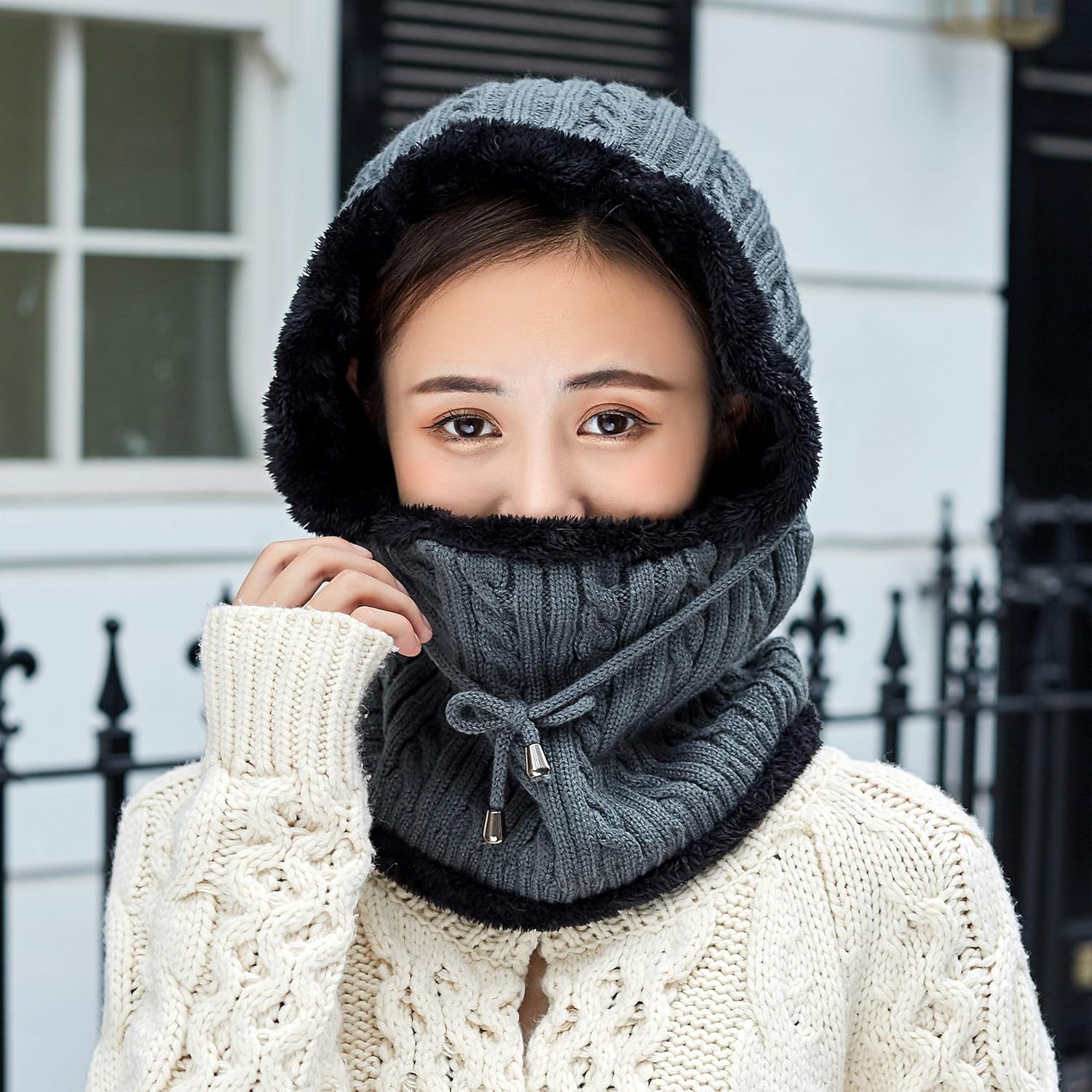 Women Winter Beanie Hats One-Piece Fleece Lined Knit Balaclavas Mask Set Skull Neck Circle Scarf Ski Snow Hat Cap with Pompom - Image 3