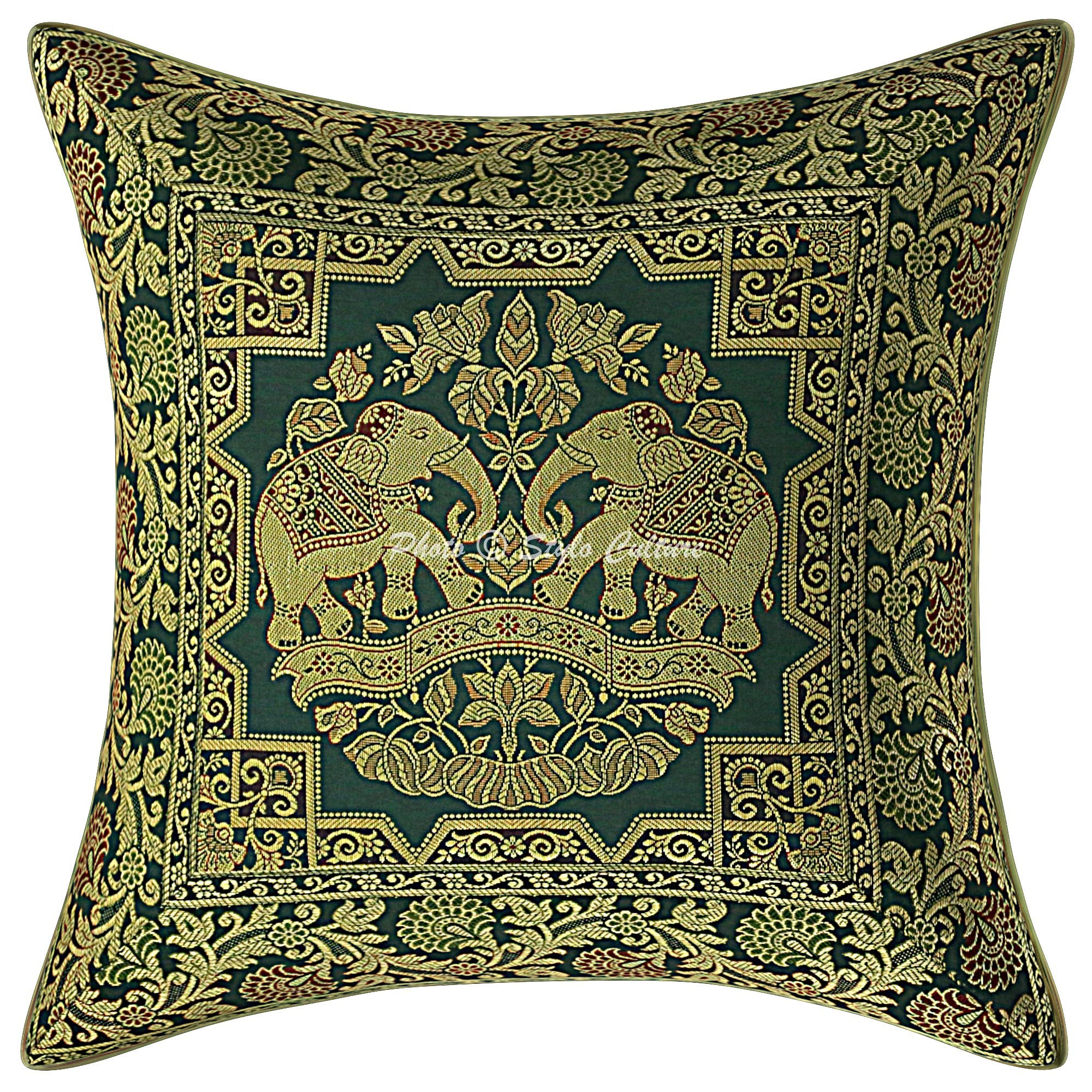 Stylo CultureEthnic Couch Brocade Dark Green and Gold Throw Pillow Covers 16x16 Jacquard Weave Banarsi Soft Throw Pillow Covers Elephant Floral 40x40 cm Decorative Cushion Covers (1 Pc)
