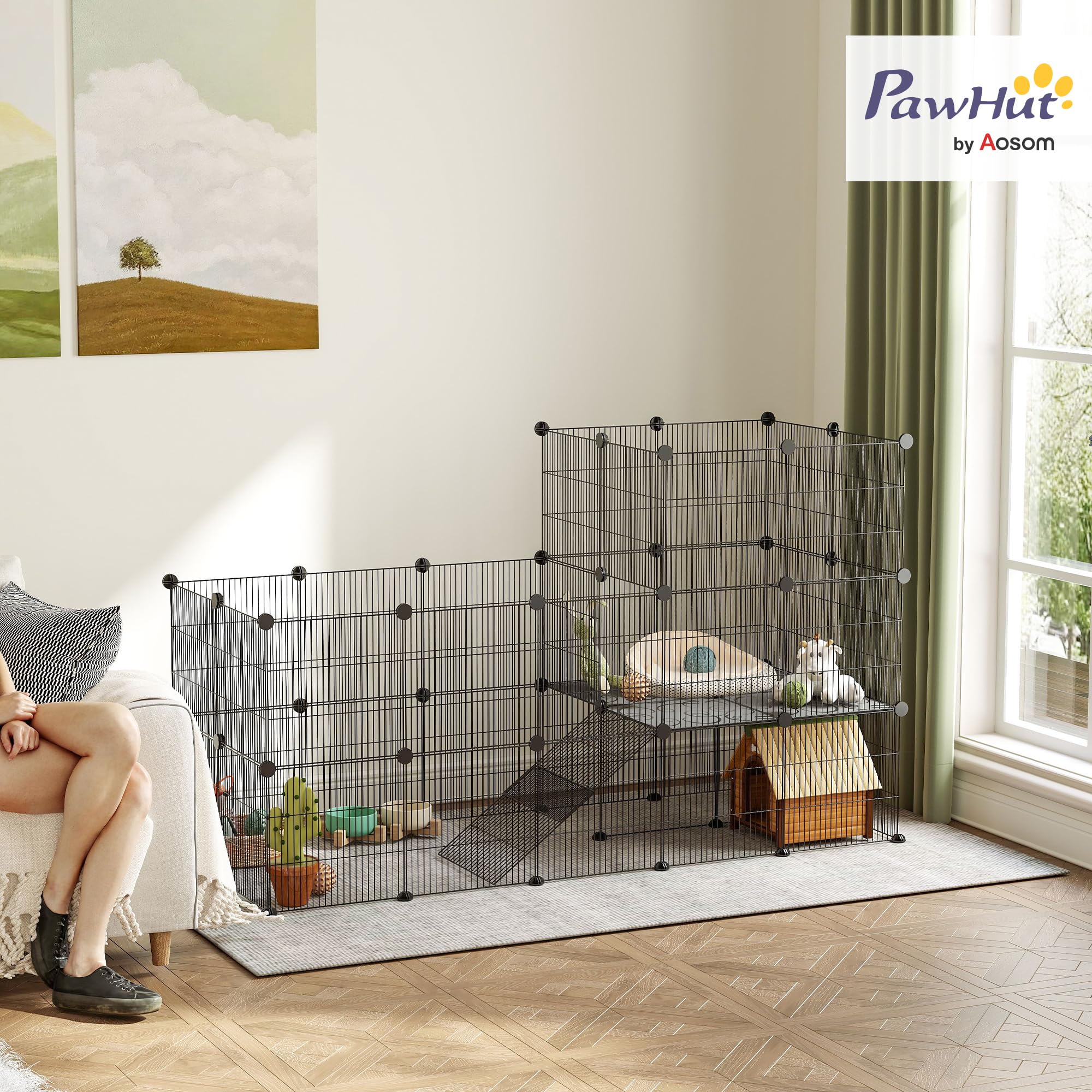 PawHut Freigehege Kleintiergehege mit Gitter 140 x 70 x 105 cm Schwarz | Mit Rampe, Kleintierkäfig Gehege, Meerschweinchen Gehege, für Hamster und Kaninchen