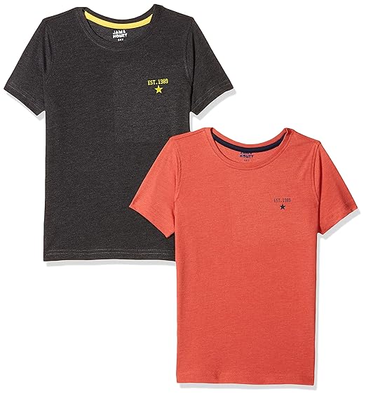 Amazon Brand - Jam & Honey Boys Plain Regular T-Shirt (Pack of 2) (JHBTS-HS-1-PO2_Multicolor1 9-10 Years)