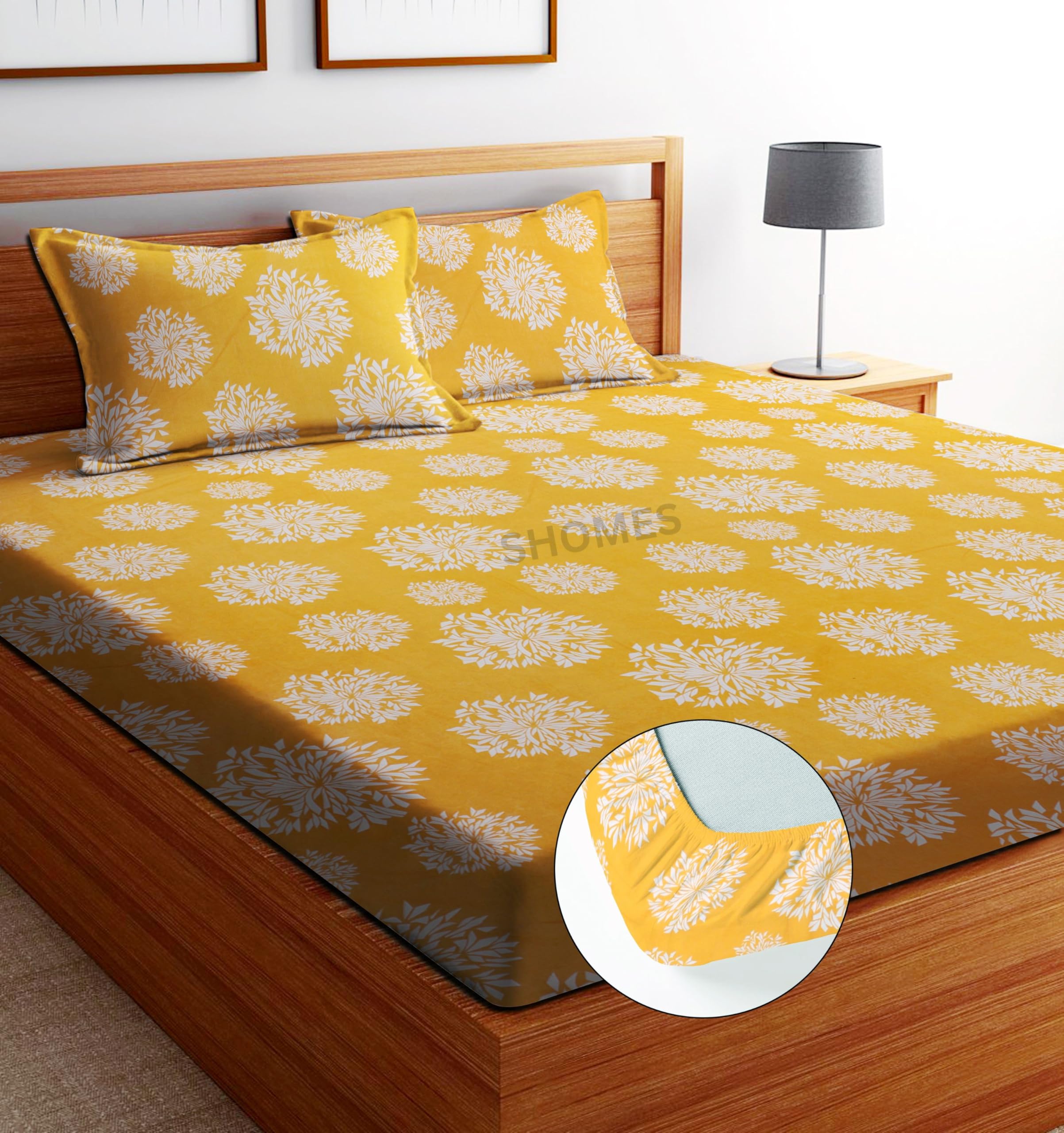 SHOMES Elastic Fitted Bedsheets with 2 King Size Pillow Covers | Double Bed with All Around Elastic, Size 72 x 78 x 8 Inches (Yellow) (B0D3VY959B) Amazon Price History, Amazon Price Tracker