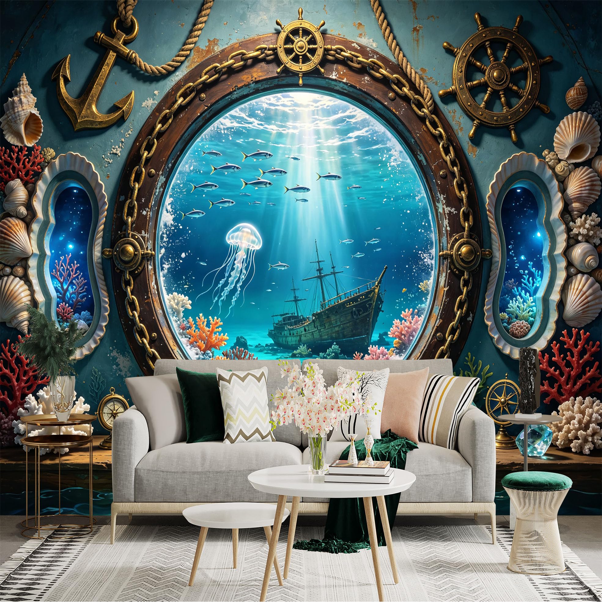 Custom Size Wall Sticker Mural， Underwater Shipwreck Ocean View， Coral Reef and Nautical Porthole， for wall Decoration， peelandstick wall Decals.