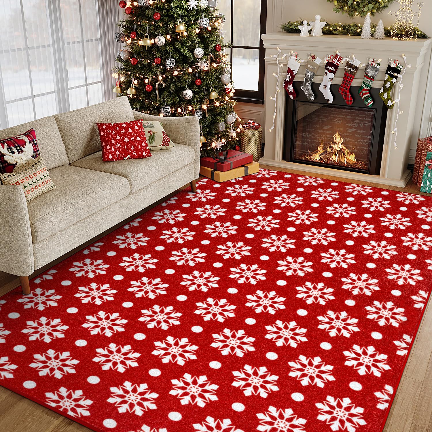 HUGEAR Christmas Large Area Rug 8x10 Living Room Rug Machine Washable Rugs Low Pile Carpet Indoor Door Mat Red/White Non-Slip Snowflake Rug for
