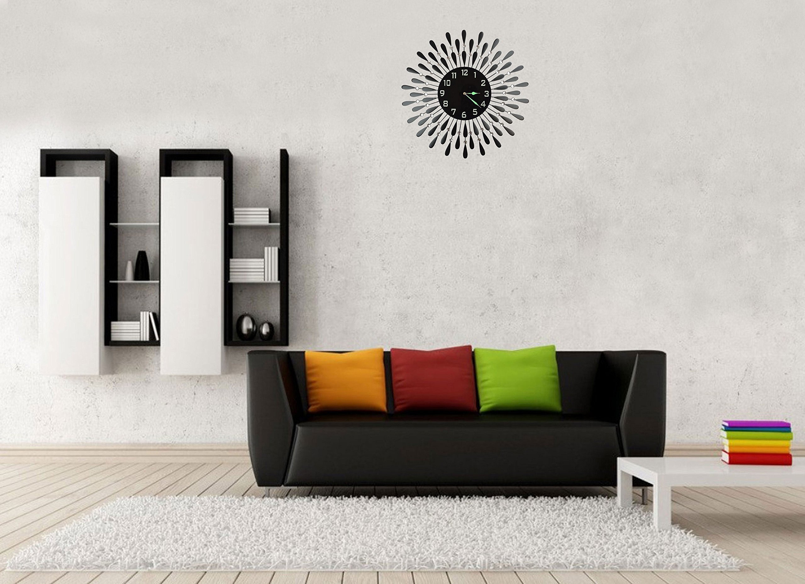 LuLu Decor, Metalowy zegar ścienny z czarną kroplą, 23 cm, 24 cm, czarna szklana tarcza z cyframi arabskimi, dekoracyjny zegar do salonu, sypialni, przestrzeni biurowej
