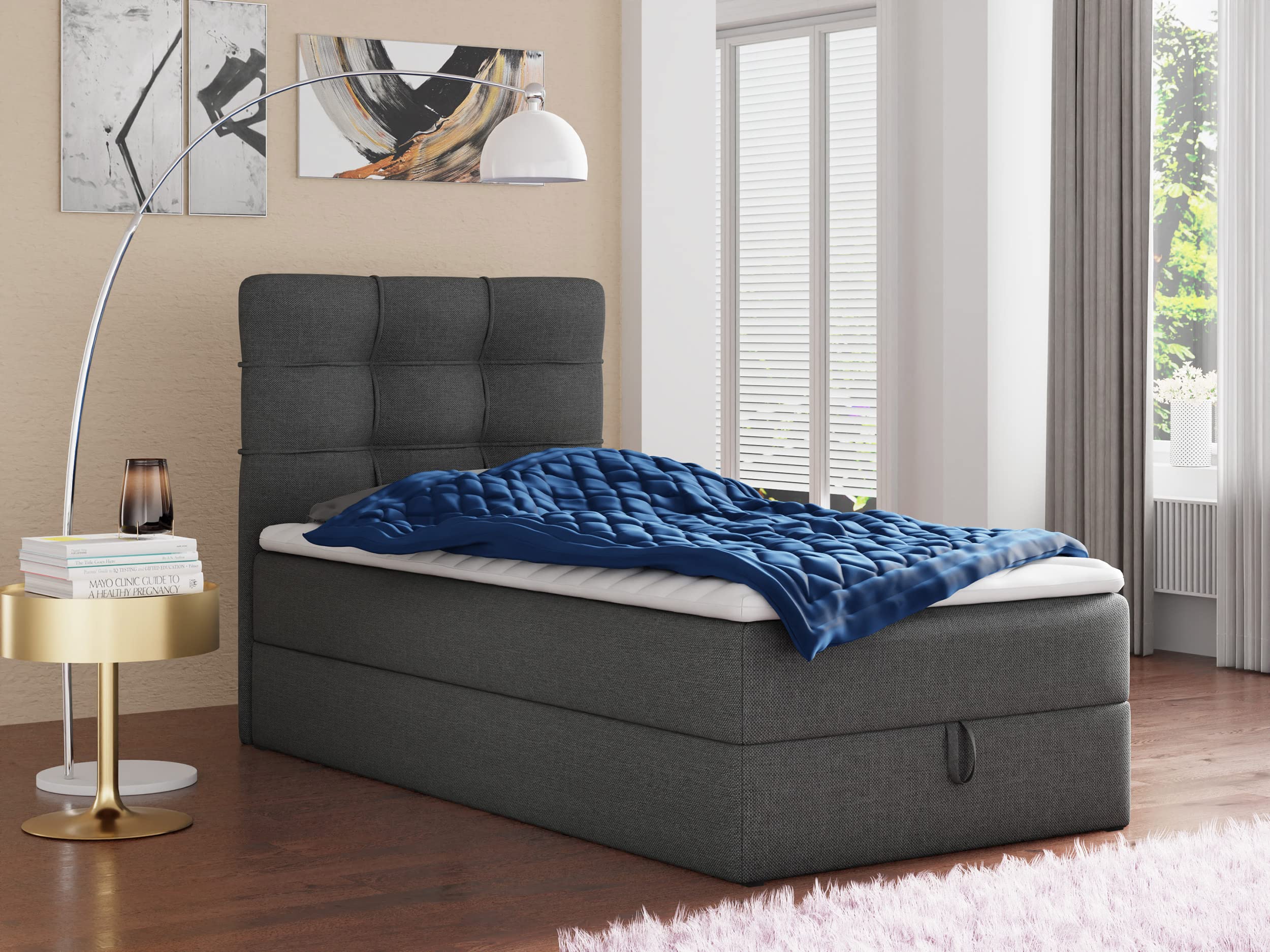 Sofnet Boxspringbett Best Mini mit Bettkasten und Matratzentopper - Einzelbett mit Bonell-Matratze und Topper, Polsterbett, Bett, Schlafzimmer (120 x 200 cm, Graphit (Inari 94))