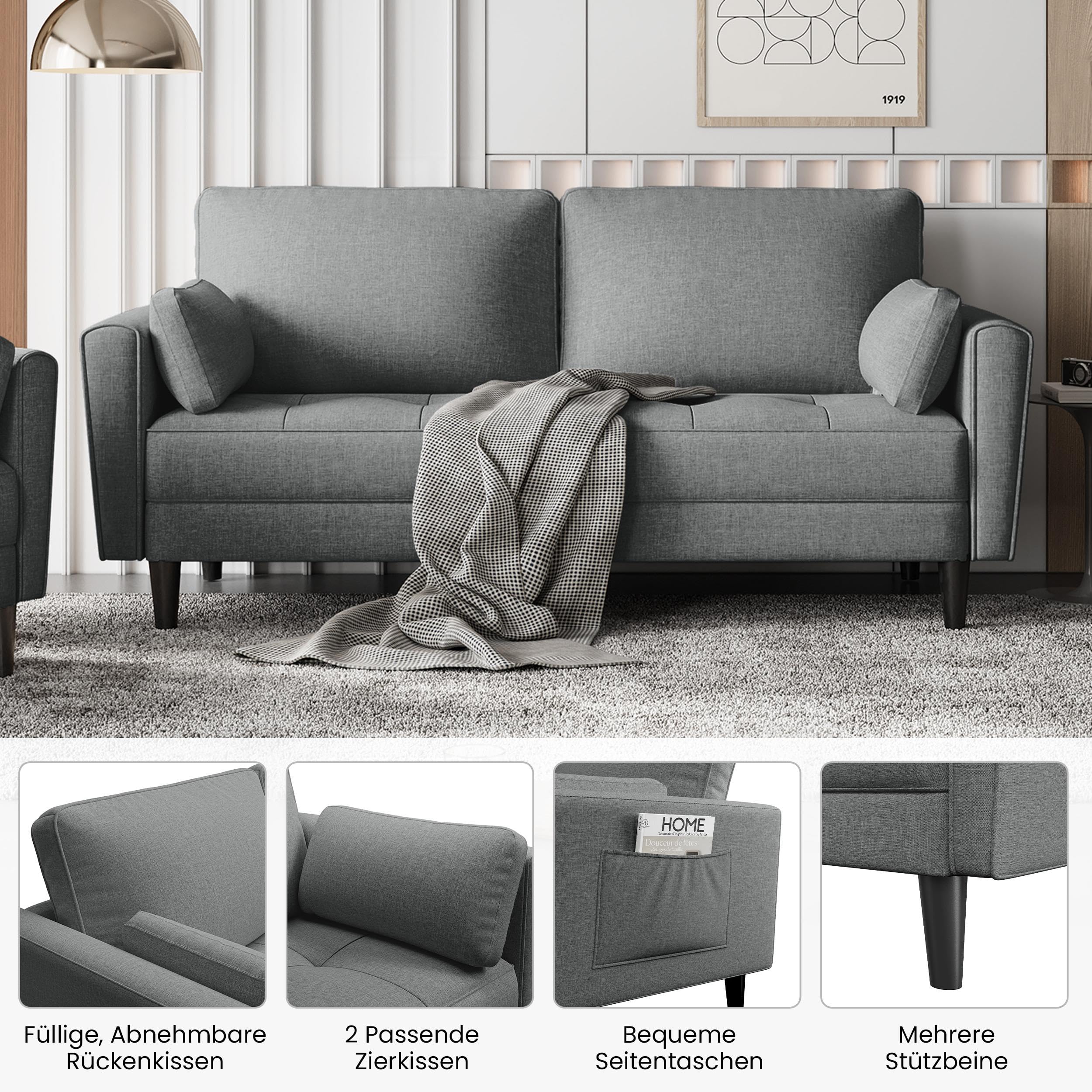 Yaheetech 2 Sitzer Sofa, Polstersofa mit 2 Kissen und Armlehnen, Moderne Couch Loungesofa aus Leinenstoff, Bequemes Loveseat für Wohnzimmer/Schlafzimmer Dunkelgrau