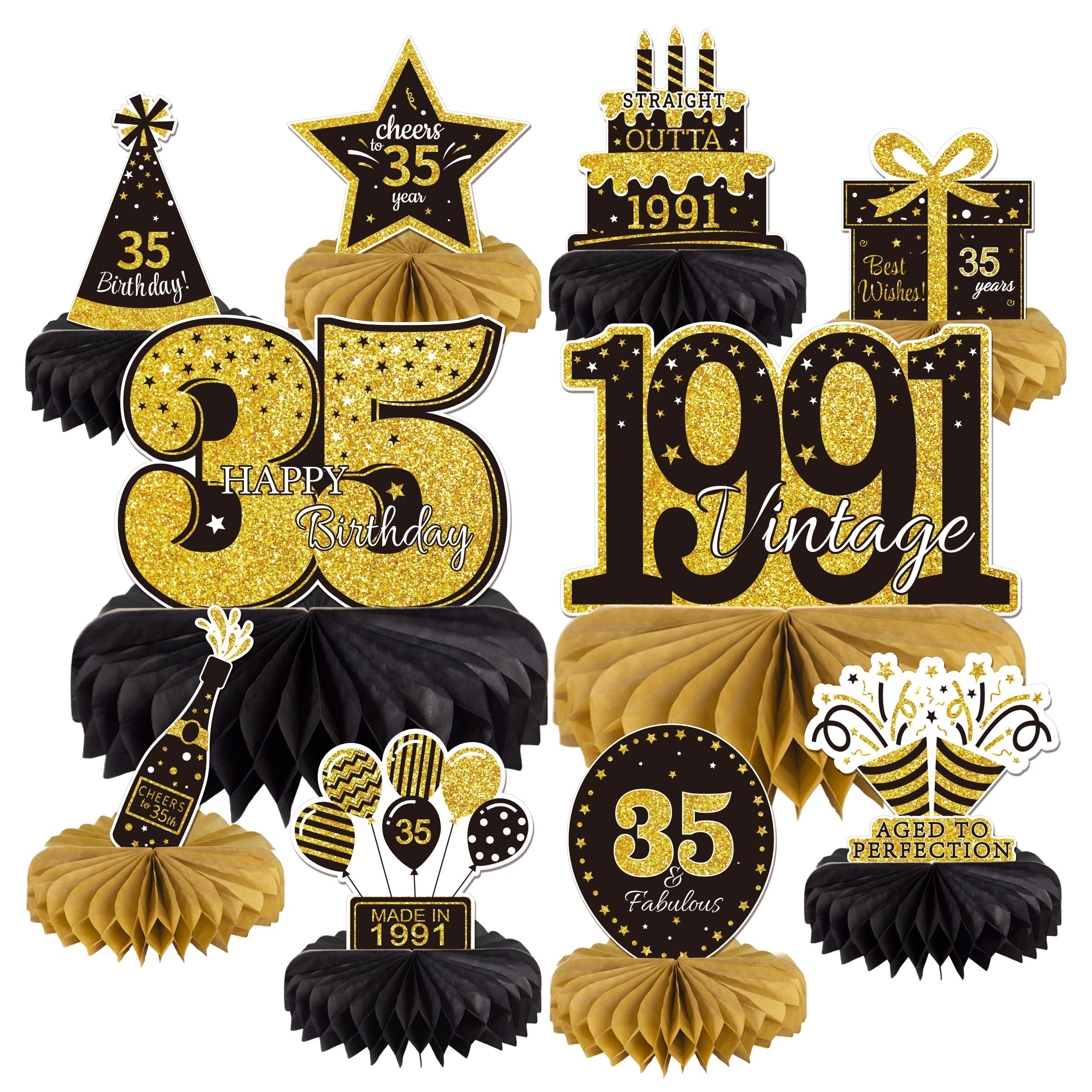 10PCS 35th Birthday Decorations Centerpieces for Table Decorations, 2026 Vintage 1991 Honeycomb Table Topper Back in 1991 Birthday Party Decoration for Men and Women (Gold &amp; Black, 35 Years)