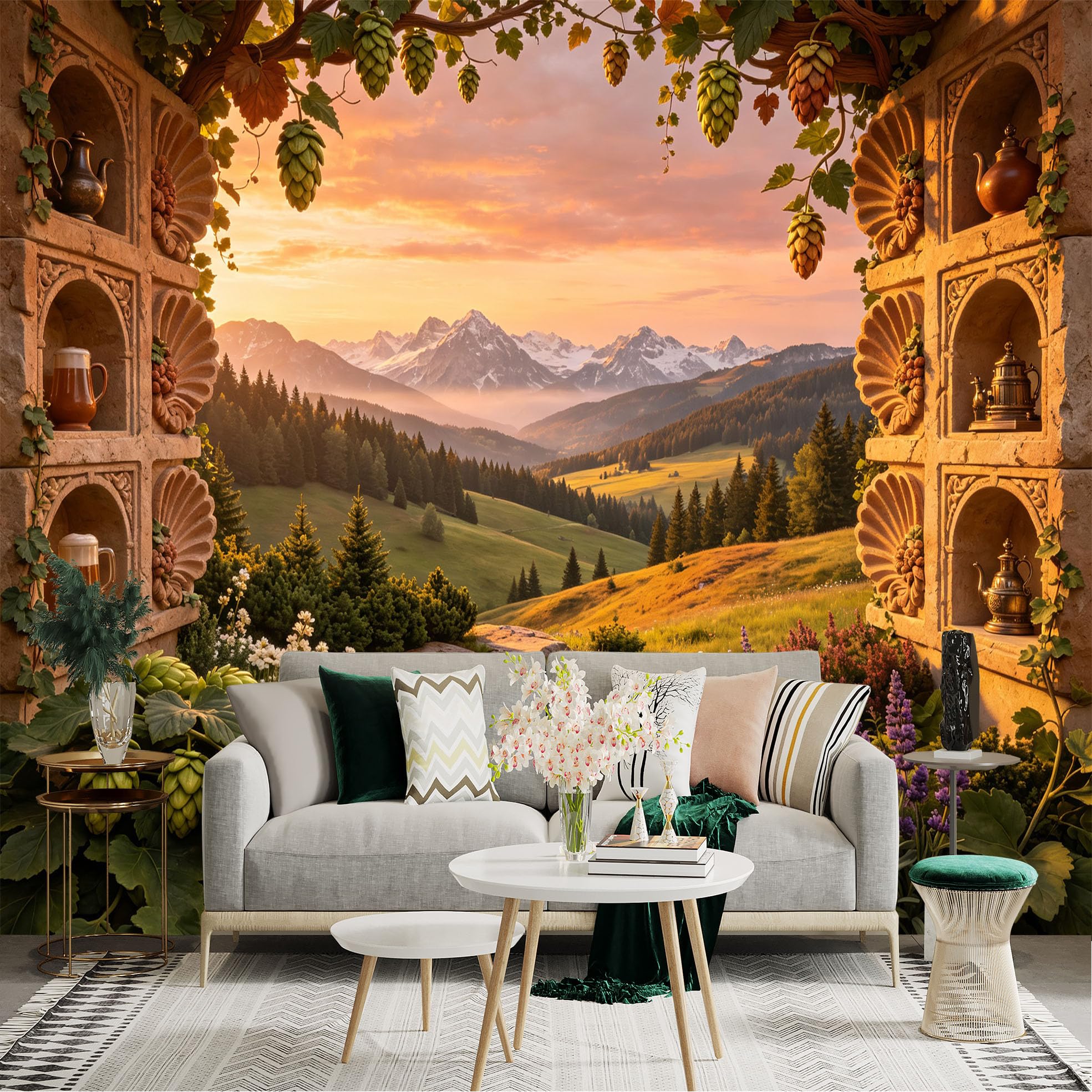 Lnzczhyre Bh260719081 Custom Size Wall Sticker Mural， Alpine Meadow Landscape， Sunset Mountain View， Hops Garden Scenery， Rustic Stone Archway， For Wall Decoration， Peelandstick Wall Decals.