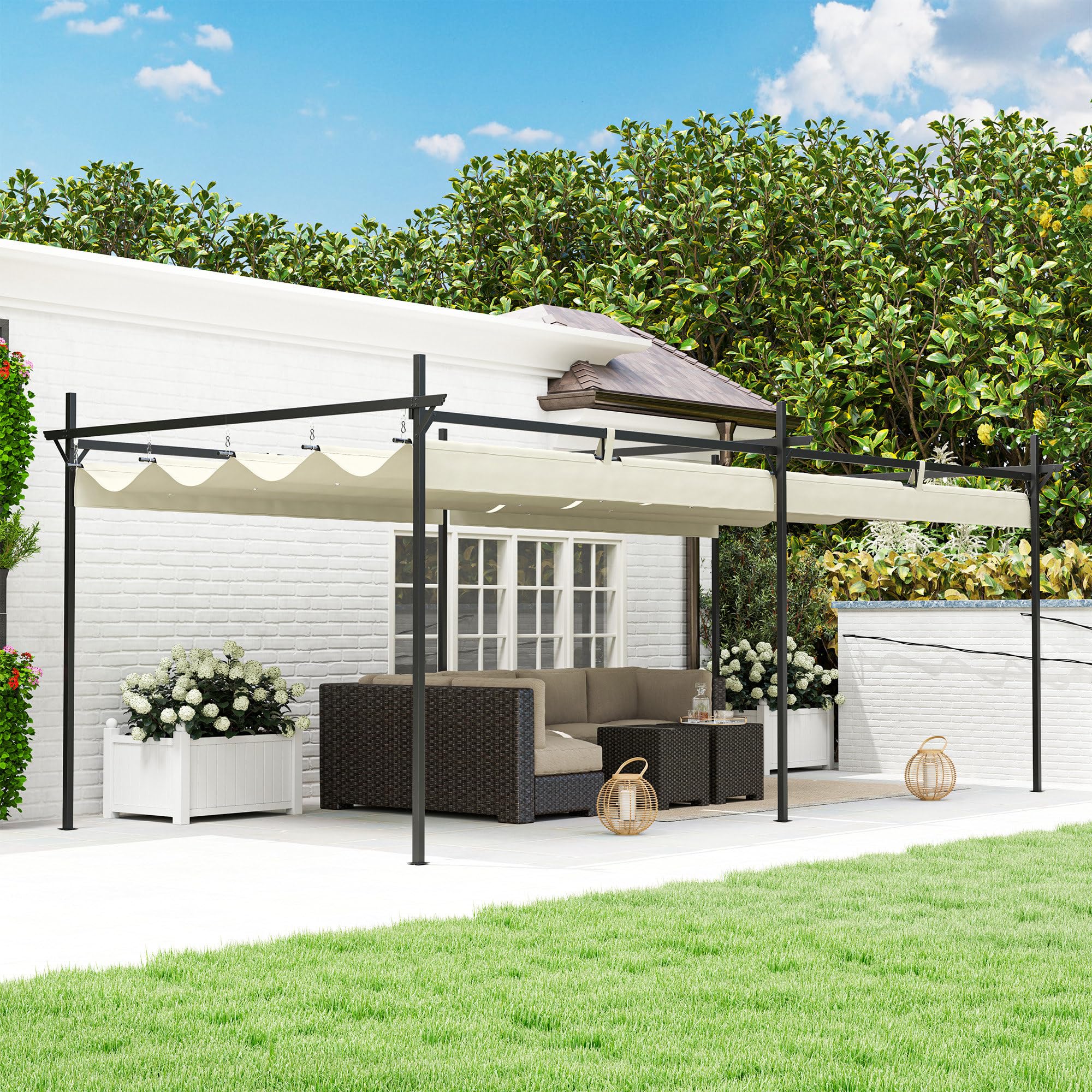 Outsunny Pérgola de Jardín 6x3 m con Techo Retráctil, Cenador de Jardín con UPF30+, Estructura Metálica, Tela de Poliéster, Pabellón para Exterior, Terraza, Crema