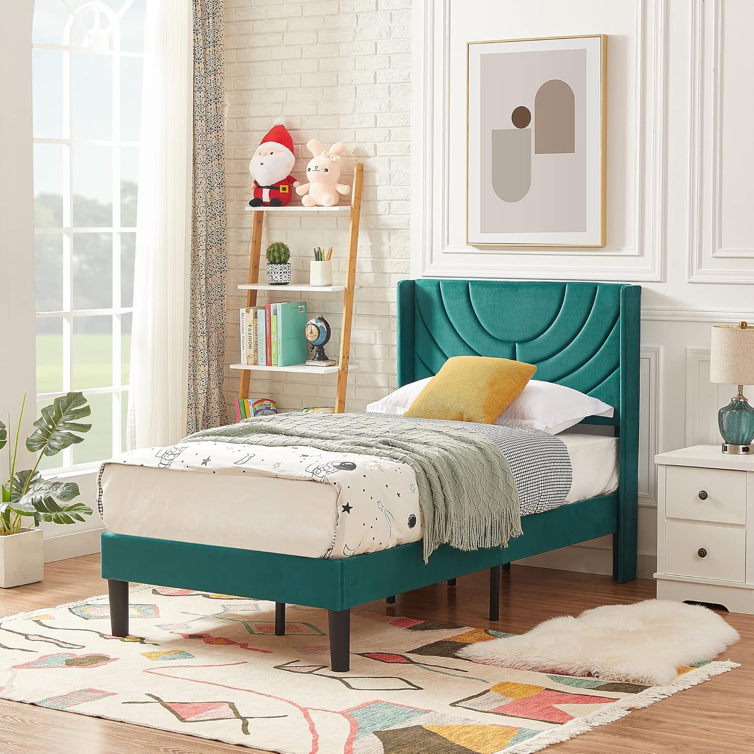 VECELO Twin Size Upholstered Platform Bed Frame with Fabric Headboard,Wooden Slats Support/No Box Spring Needed/Mattress Foundation,Dark Green - Image 7