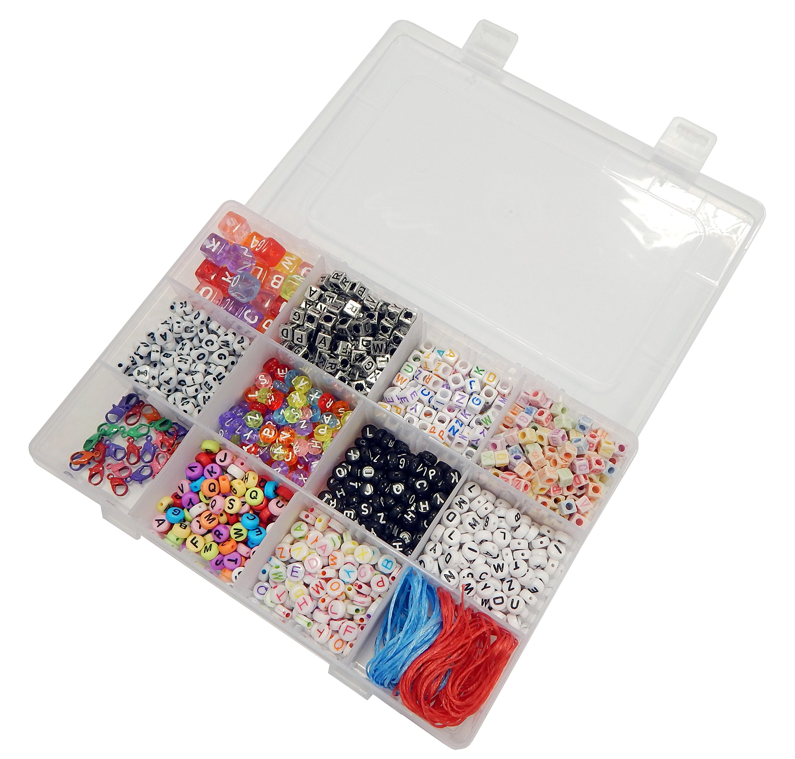 Perlin 1550 Stück Kinder Bastelset Buchstaben Perlen 10 Motiven mit Karabiner Verschluss, Wachsband und Sortierbox Plastikperlen Acrylperlen zum Auffädeln