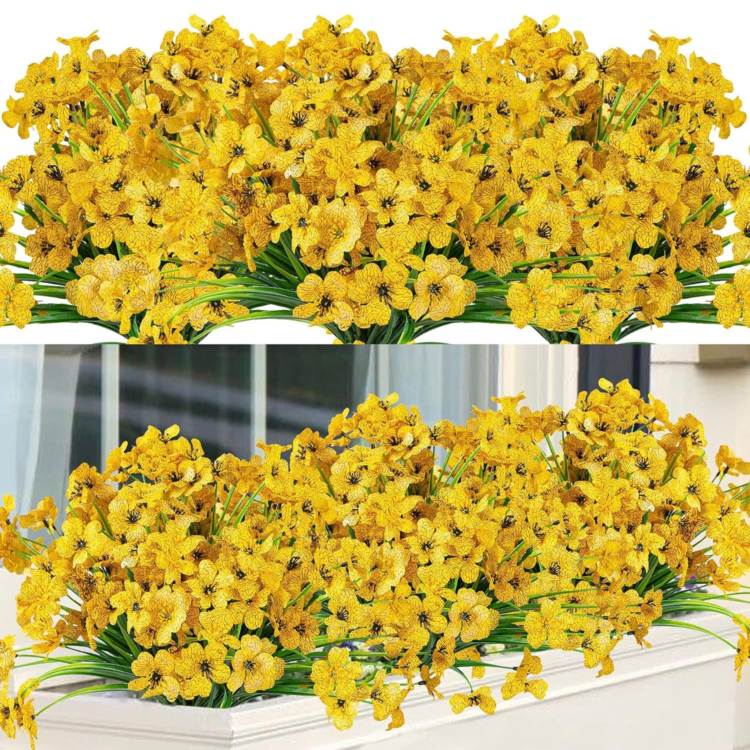 Titifeya 10 Bundles Artificial Yellow Violet Flowers Outdoor UV Resistant Plastic Fake Plants, Artificial Faux Plants for Garden Window Box Hanging Planter Indoor Home Porch Decor