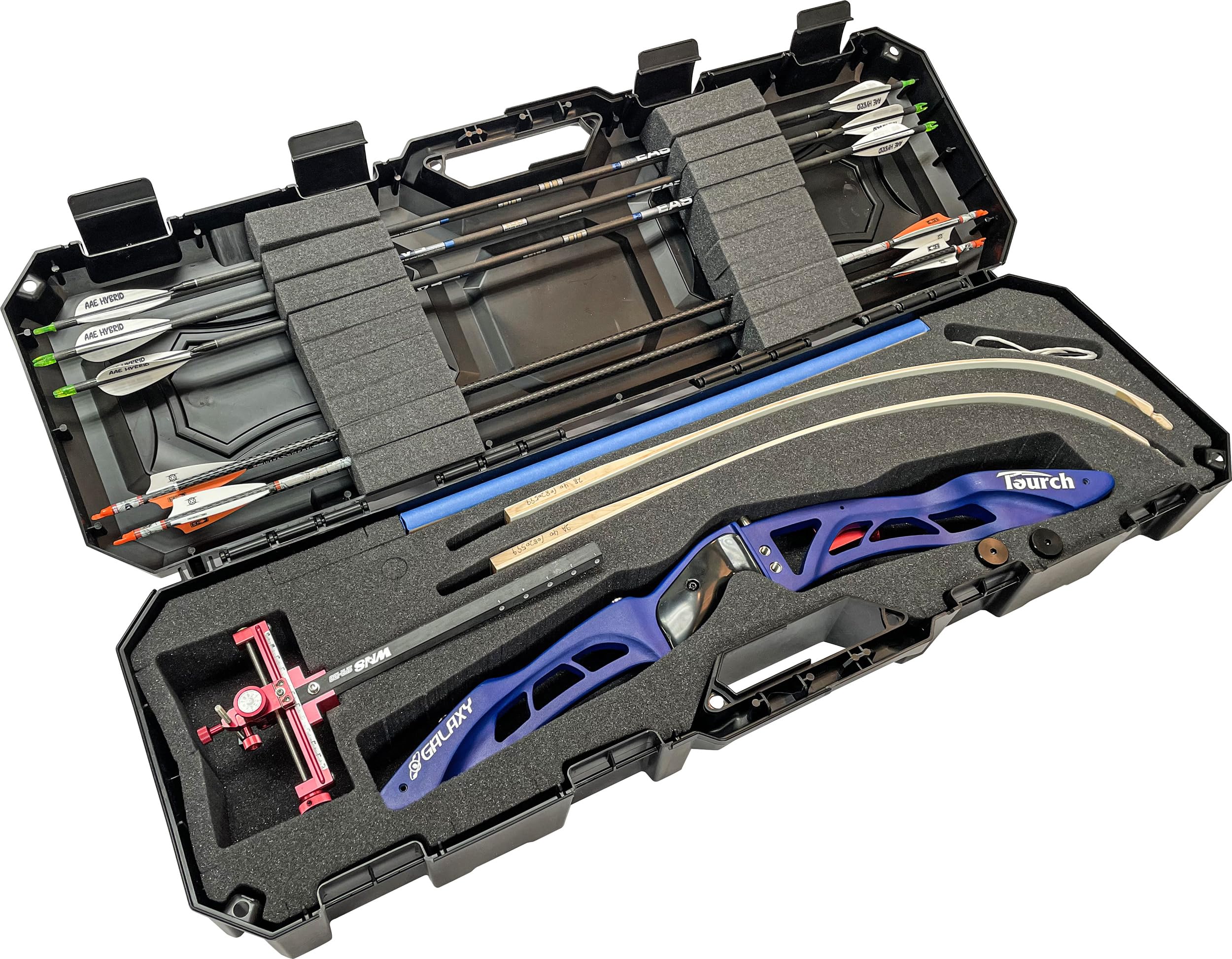 mtm bc34td takedown recurve bow case, lockable storage, airline approved hard case, hold's 16 arrows, for one target or hunting bow setup, made in usa