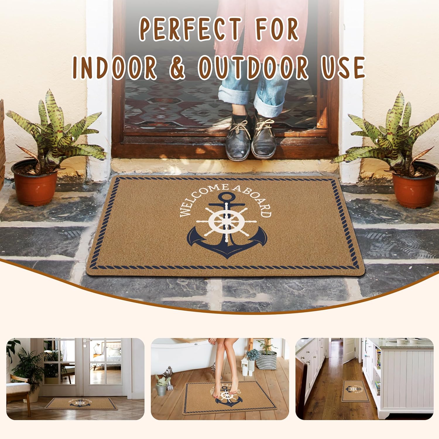 Nautical Boat Anchor Door Mat, Boat Nautical Anchor Front Door Mat Outside Entrance, Welcome Aboard Artificial Coir Doormat Rugs for Indoor Outdoor Entryway Patio Porch, 17x30 Inch