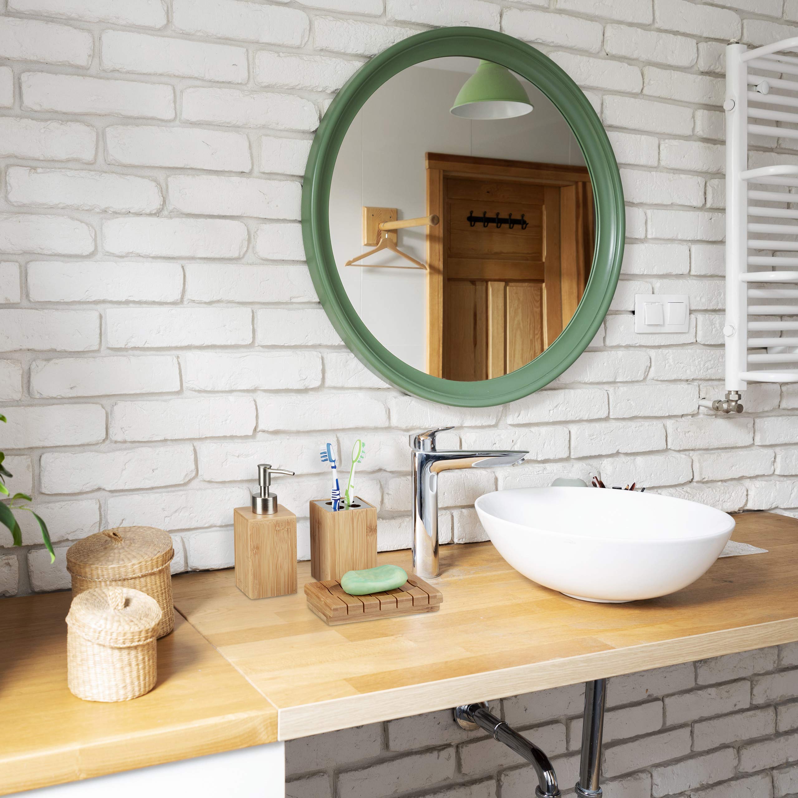 Relaxdays Set Accessori Bagno in Bambù, 3 Oggetti per Lavandino, Dispenser, Porta-Sapone e Portaspazzolini, Marrone