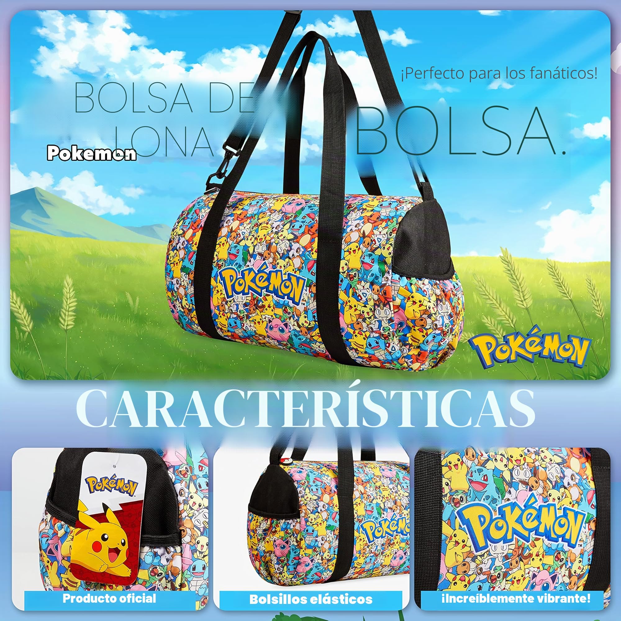 Pokemon Bolsa Deporte Niño Niña Bolsa Piscina Niño Bolsa Viaje Fin de Semana Playa Futbol Gym Merchandising Oficial Pikachu (Multicolor)