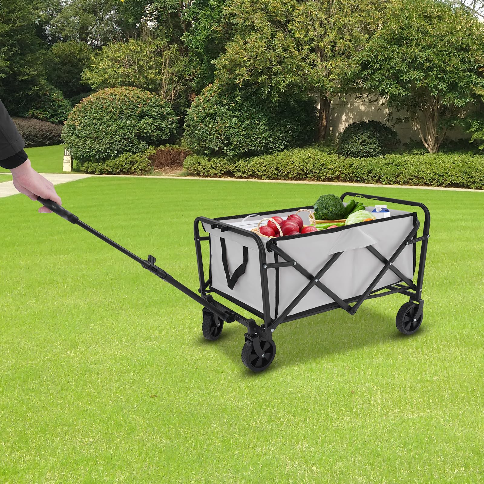 Bollerwagen faltbar mit 90 kg Tragkraft und Teleskopgriff | Inklusive Abnehmbarer Stofftasche und 4 Reifen mit Profil für Camping Garten Outdoor und Einkauf