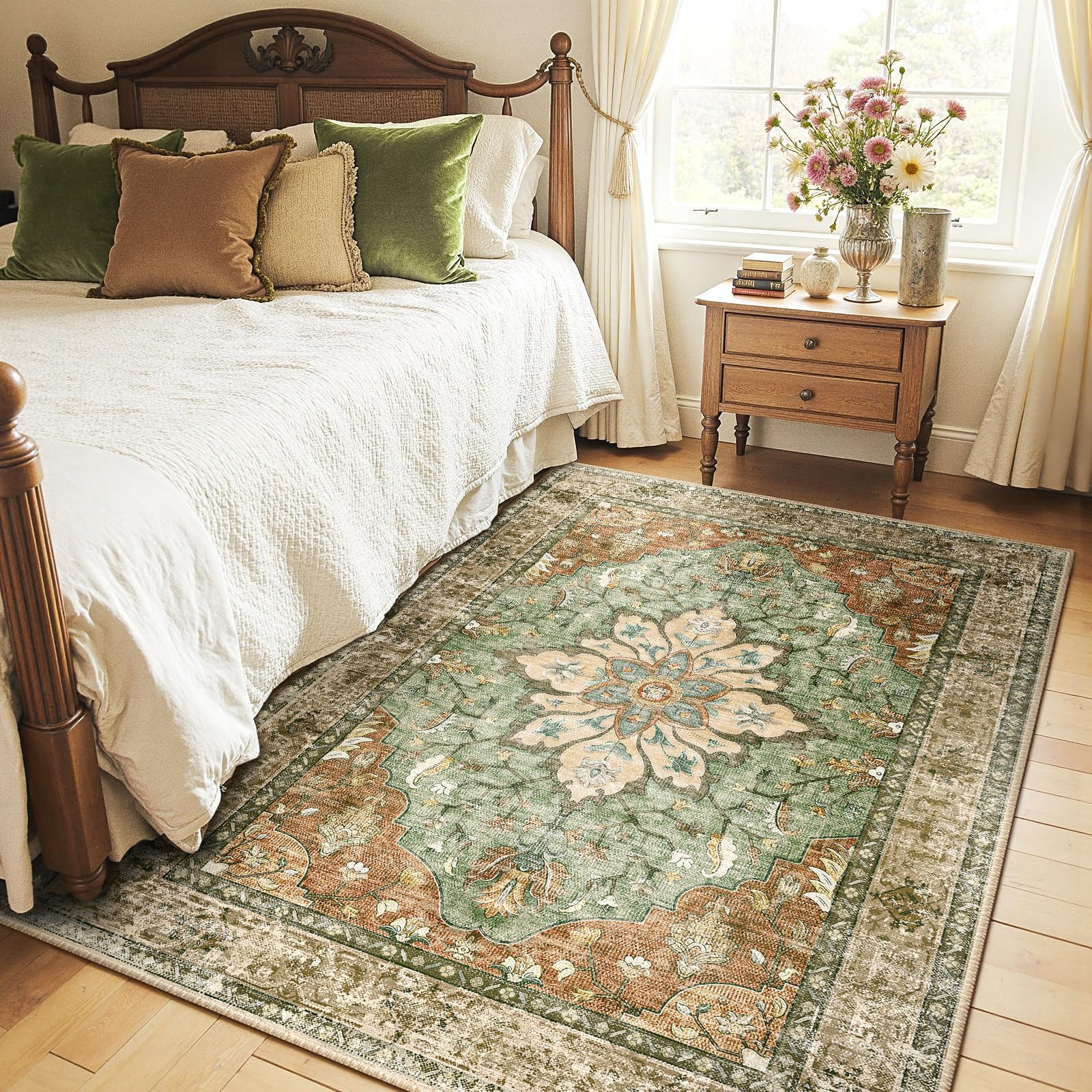 Photo 1 of RELEANY Washable Area Rug, 4'x5', Brick/Brown/Green