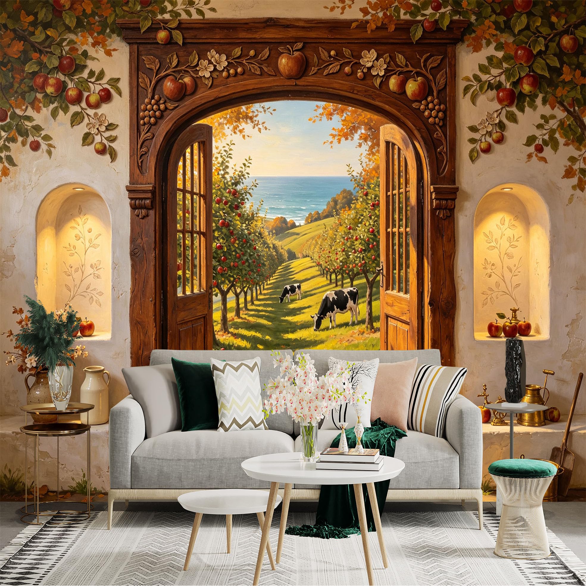 Custom Size Wall Sticker Mural， Rustic Orchard Landscape， Wooden Archway， Cows and Autumn Countryside， for wall Decoration， peelandstick wall Decals.
