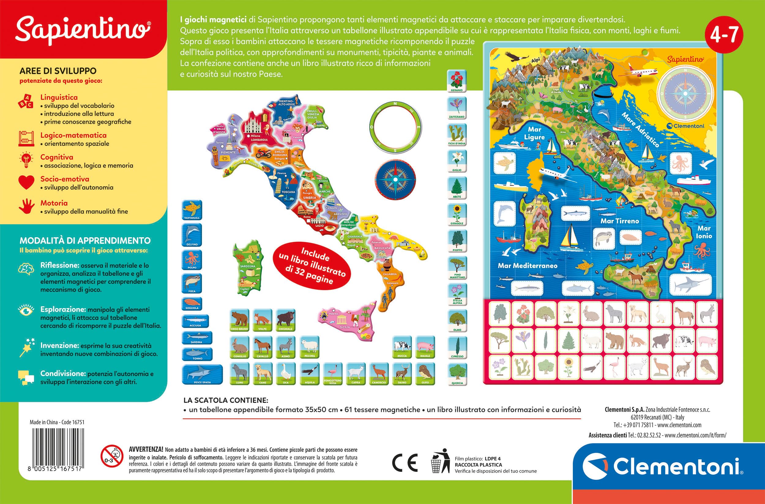 Clementoni - 16751 - Sapientino - Geo-Puzzle Magnetico Italia - Puzzle con Cartina Dell'Italia Fisica, Gioco Educativo di Geografia per Bambini dai 4 Anni (Gioco in Italiano)