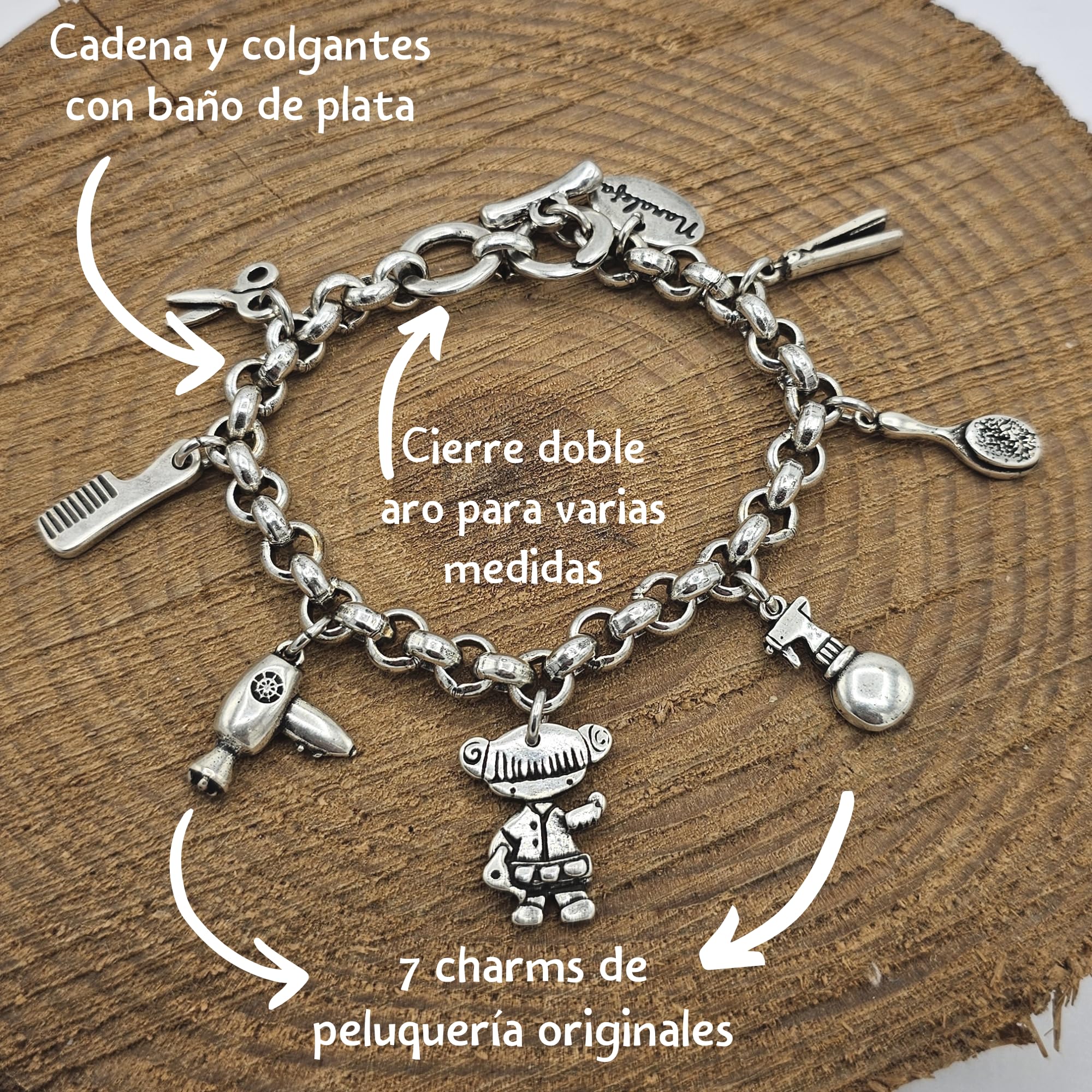 Pulsera Peluquera con 7 Charms de Peluquería, Pulseras Profesiones, Regalos Originales, Cierre Ajustable para Varias Medidas, Hecho en España