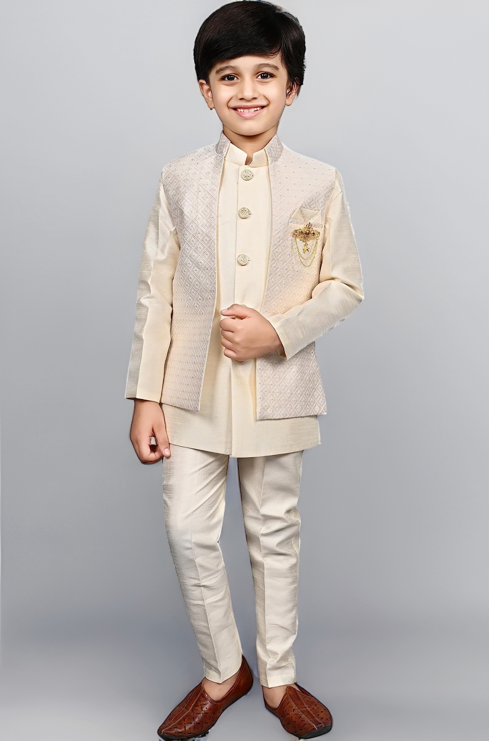 AHHAAAA Kids Indian Ethnic Silk Blend Waistcoat Kurta Pyjama Set Traditional Bollywood Style Wedding Sherwani for Boys