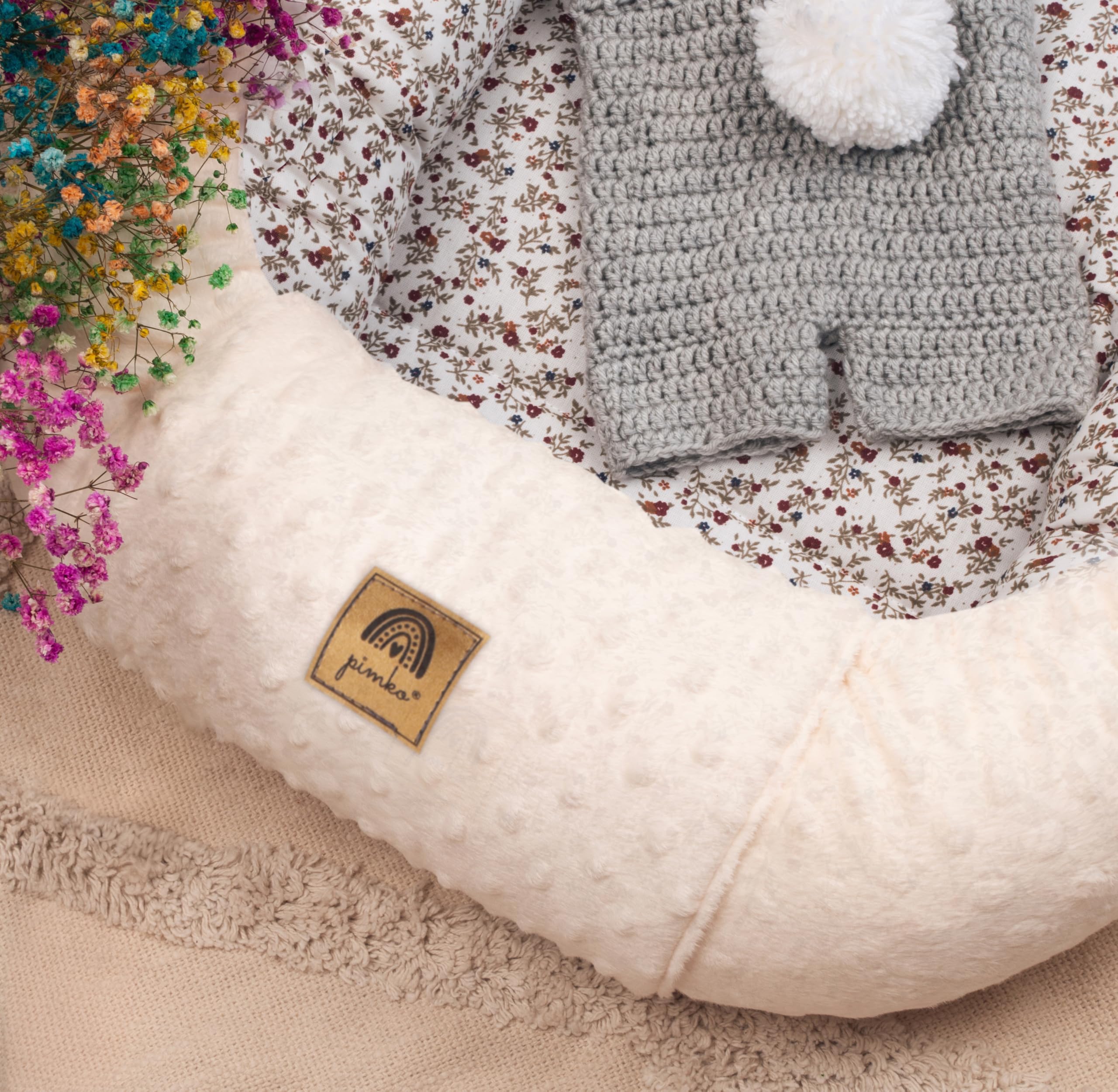 PIMKO Nid pour Bébé Beige – Cocon Bébé Réducteur d’Espace, Baby Nest Portable en Coton & Minky, Espace de Détente et de Repos pour Nouveau-né, Taille Ajustable 70–90 cm