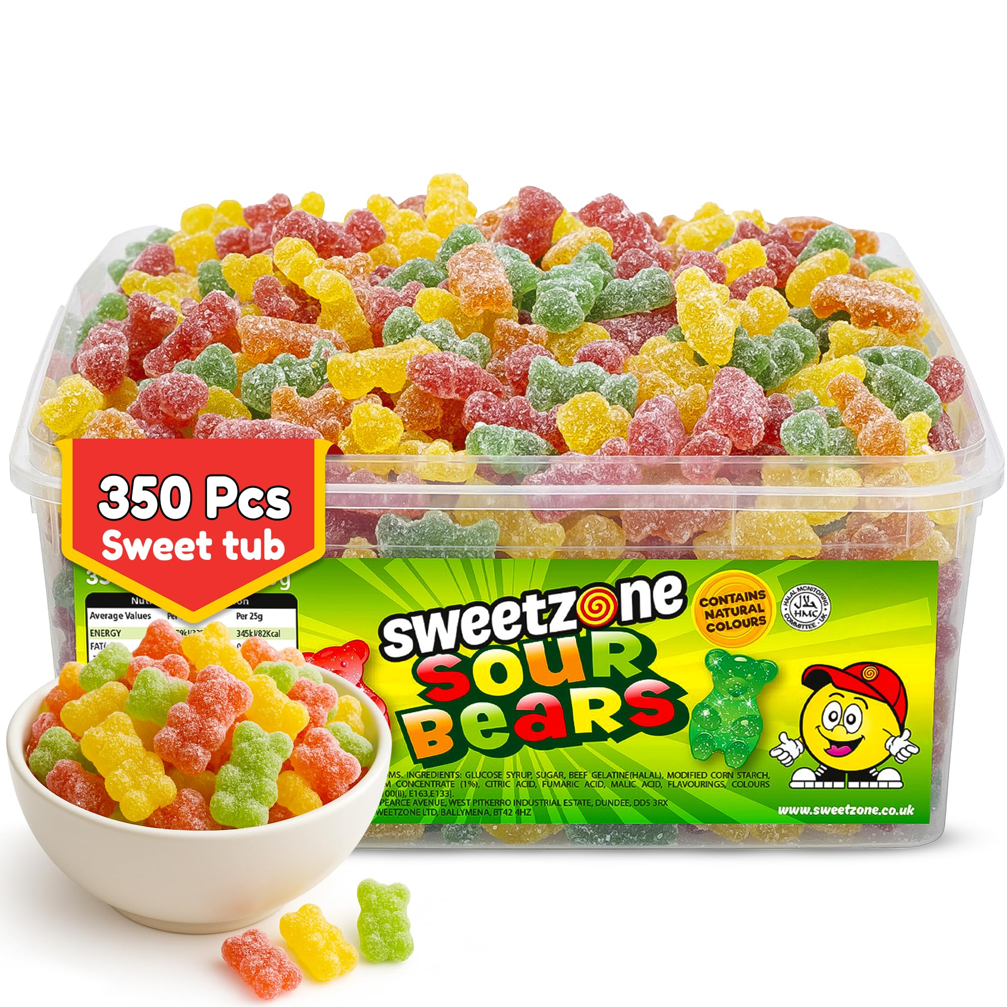 SweetzoneSour Gummy Bears Sweets Tub, Halal Gummy Candy in Retro Fizzy Sweets, 805g Tub of 350 pcs of Gummies Candy, Sour Gummy Bears Packed with Flavour and Tangy Taste for Kids, and Sweet Lovers