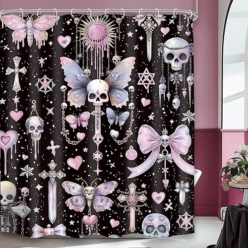 Cortina de ducha con diseño de calavera negra y morado, de 60 pulgadas de ancho x 72 pulgadas de alto, esqueleto gótico gótico, polilla cruzada,
