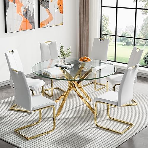 Miniatura 20 de Juego de 4 mesas de comedor modernas de 5 piezas, mesas de comedor redondas de vidrio templado de 36 pulgadas y 4 sillas de comedor negras de cuero,