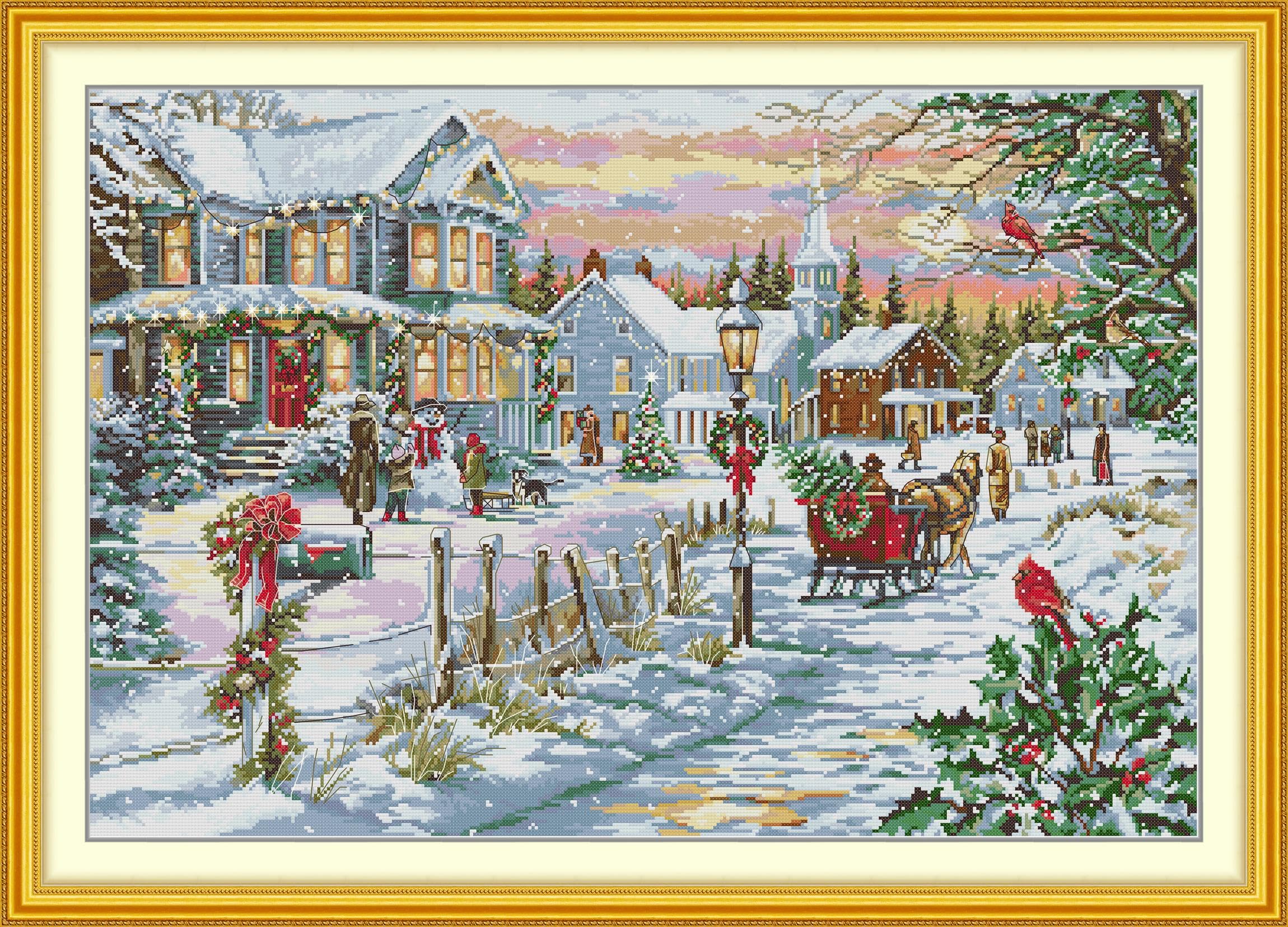 artcici Kit de punto de cruz preimpreso de Nochebuena para principiantes, kit de bordado de 11 quilates con hilos clasificados, patrones estampados, suministros de costura (89 x 63 cm)