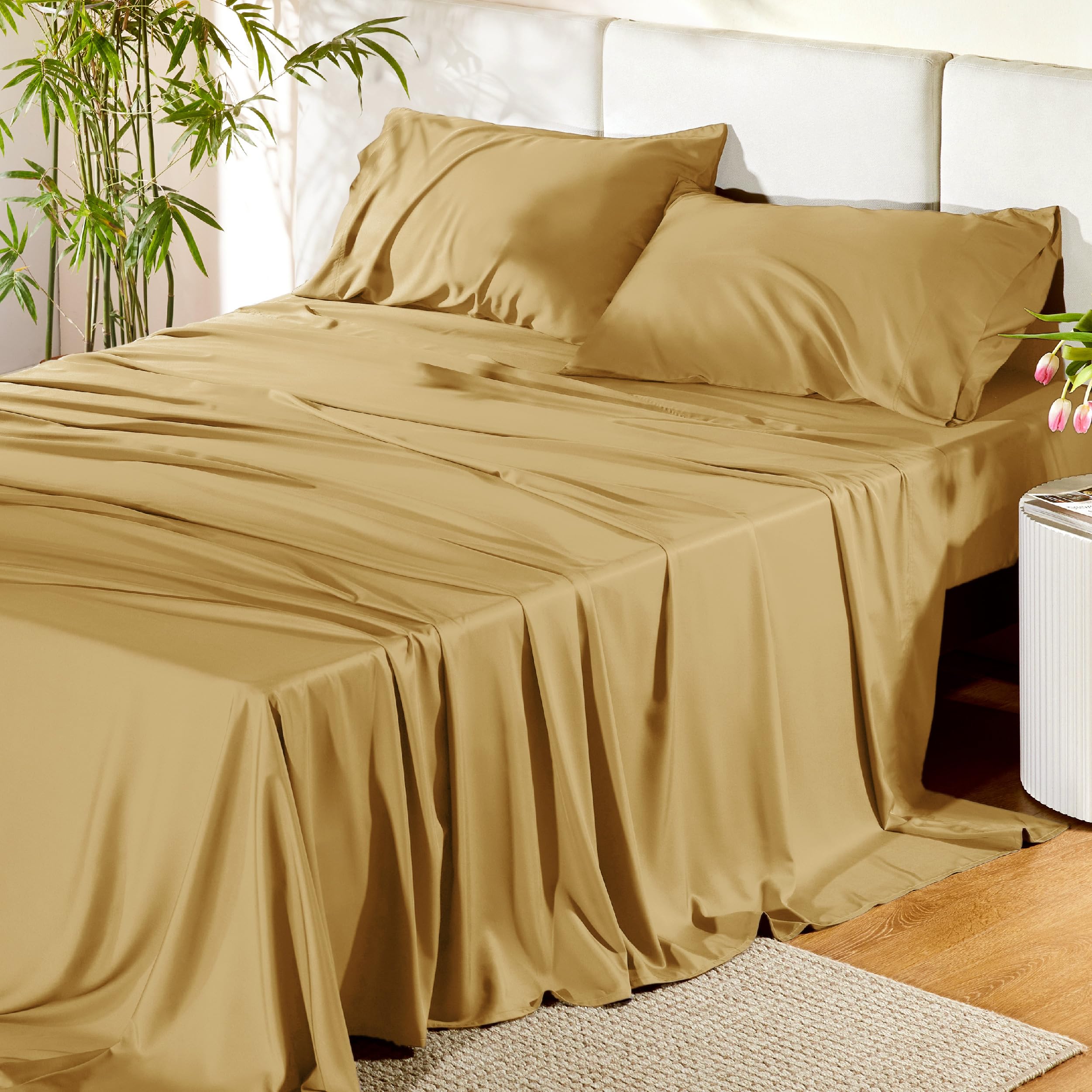 Bedsure Full Size Sheets, Cooling Sheets Full, Rayon Derived from Bamboo, Deep Pocket Up to 16", Breathable & Soft Bed Sheets, Hotel Luxury Silky Kids Bedding Sheets & Pillowcases, Gold