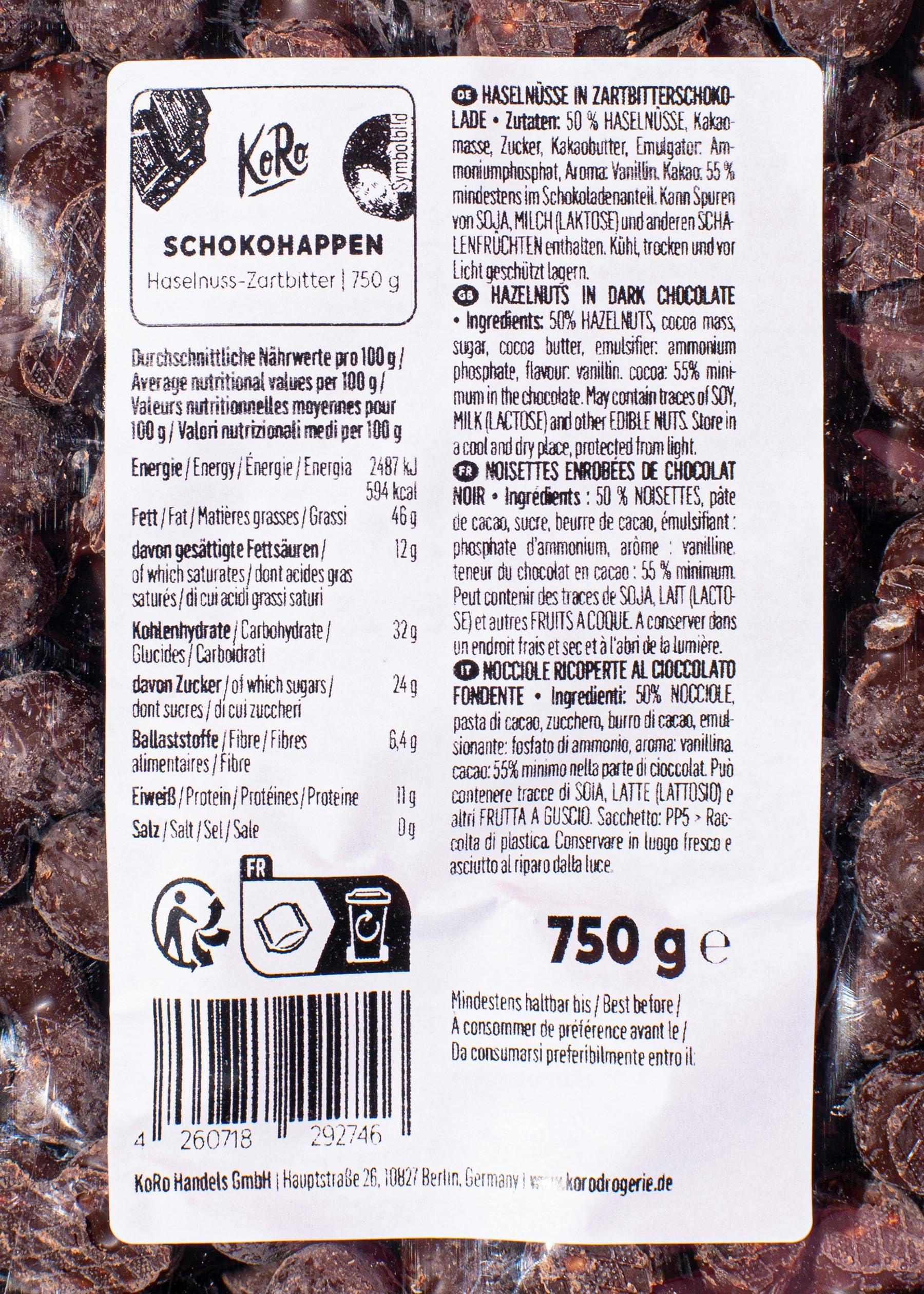 KoRo - Bocconcini di cioccolato fondente e nocciole 750 g - Da gustare come snack o da regalare – Vegetariano – Confezione risparmio da 750 g