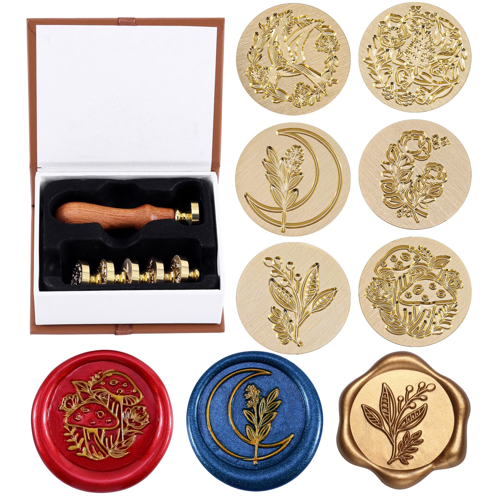 Yoption 6 Pieces Botanical Wax Seal Stamp Set, Vintage Plant Flower Sealing Wax Stamp Heads + 1 Wooden Handle with Gift Box for Wedding Invitation, Christmas, Gift Idea