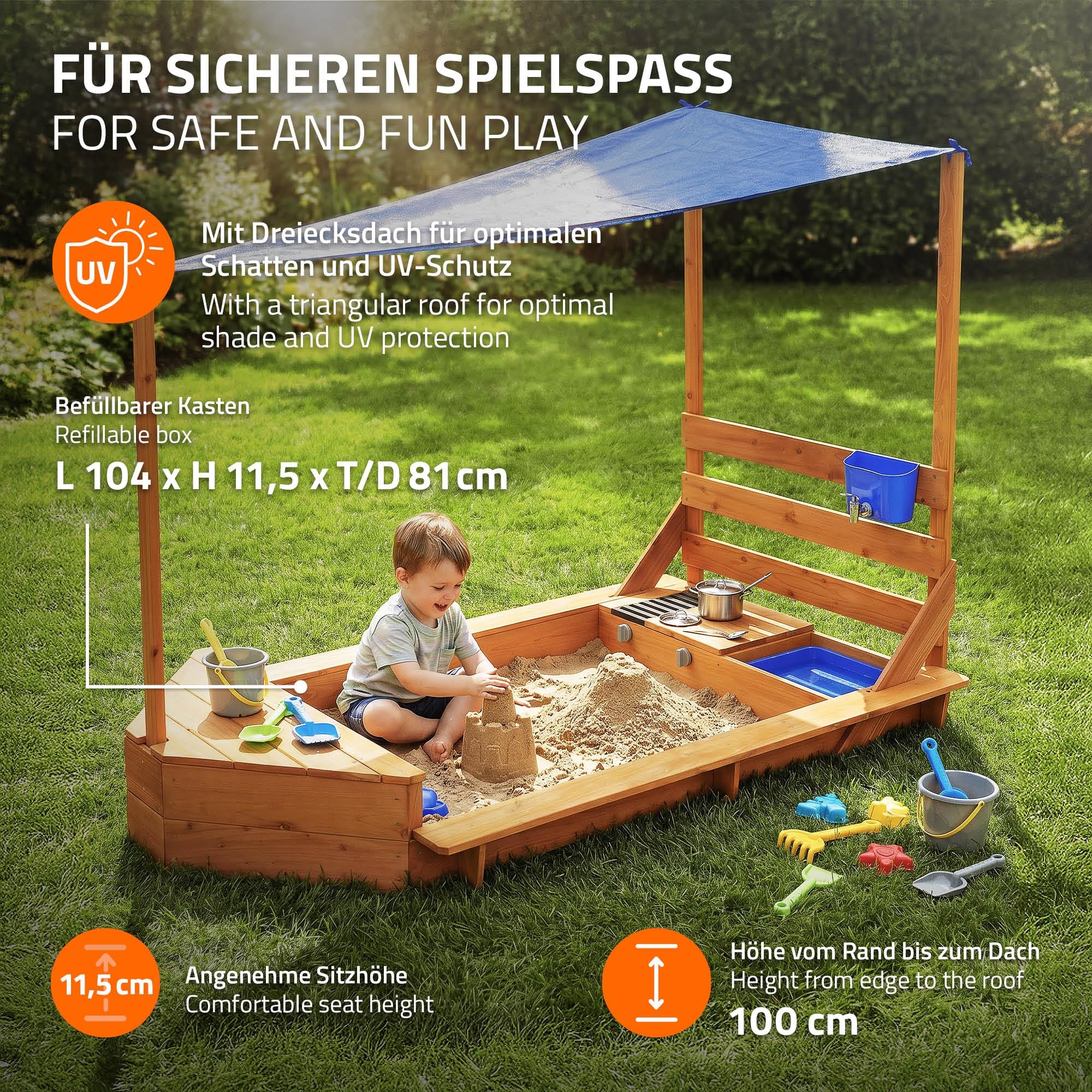 ML-Design Sabbiera Bambini con Tetto, Forma di Nave, Sabbionaia da Esterno in Legno Massiccio, 2 Panchine, Cucina e Accessori, Protezione dai Raggi UV e Bordi Sicuri, Giochi da Giardino 101x163 cm